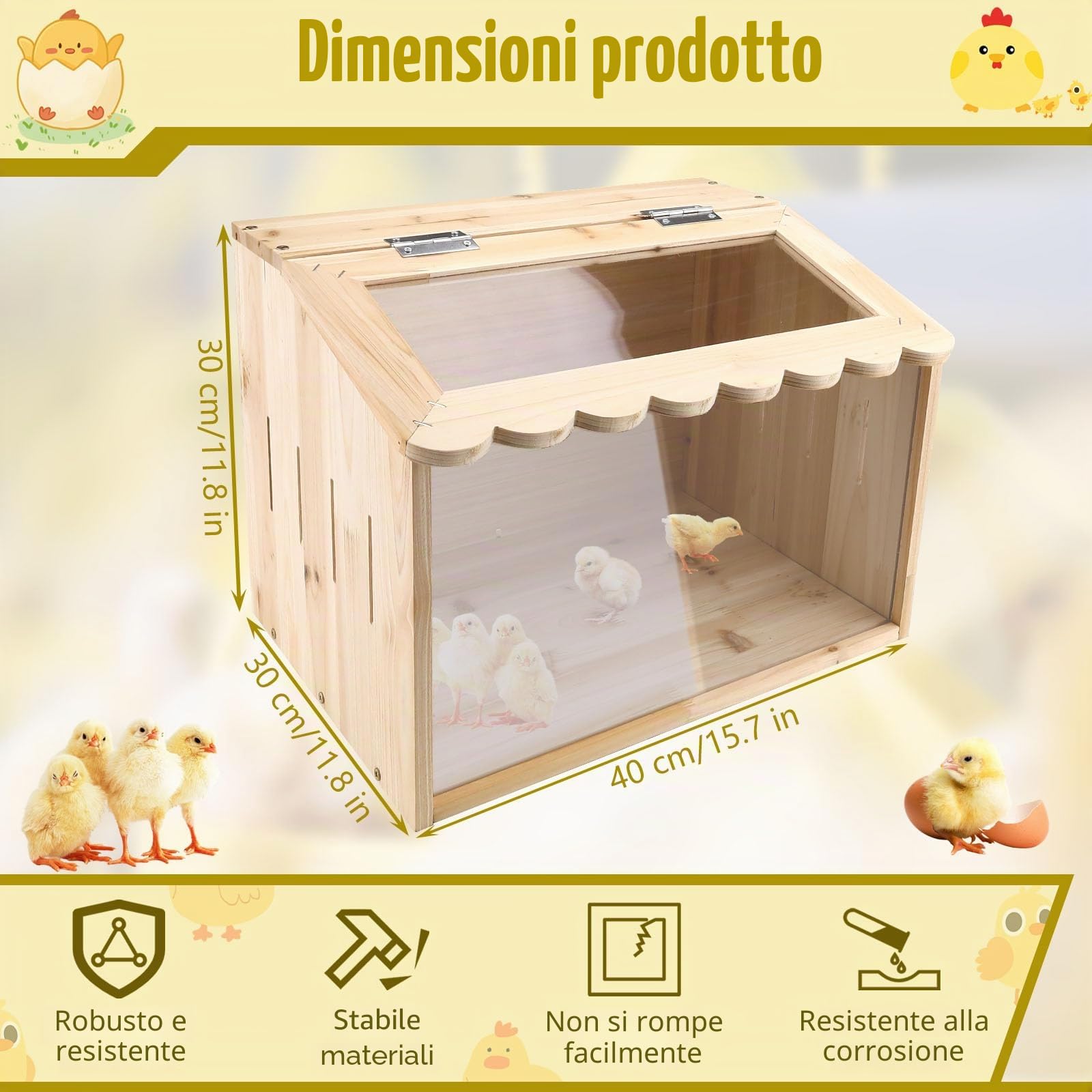 Grande gabbia per polli, 40 x 30 x 30 cm, in legno per pulcini, recinto per animali con copertura per pulcini, criceti, tartarughe, rettili