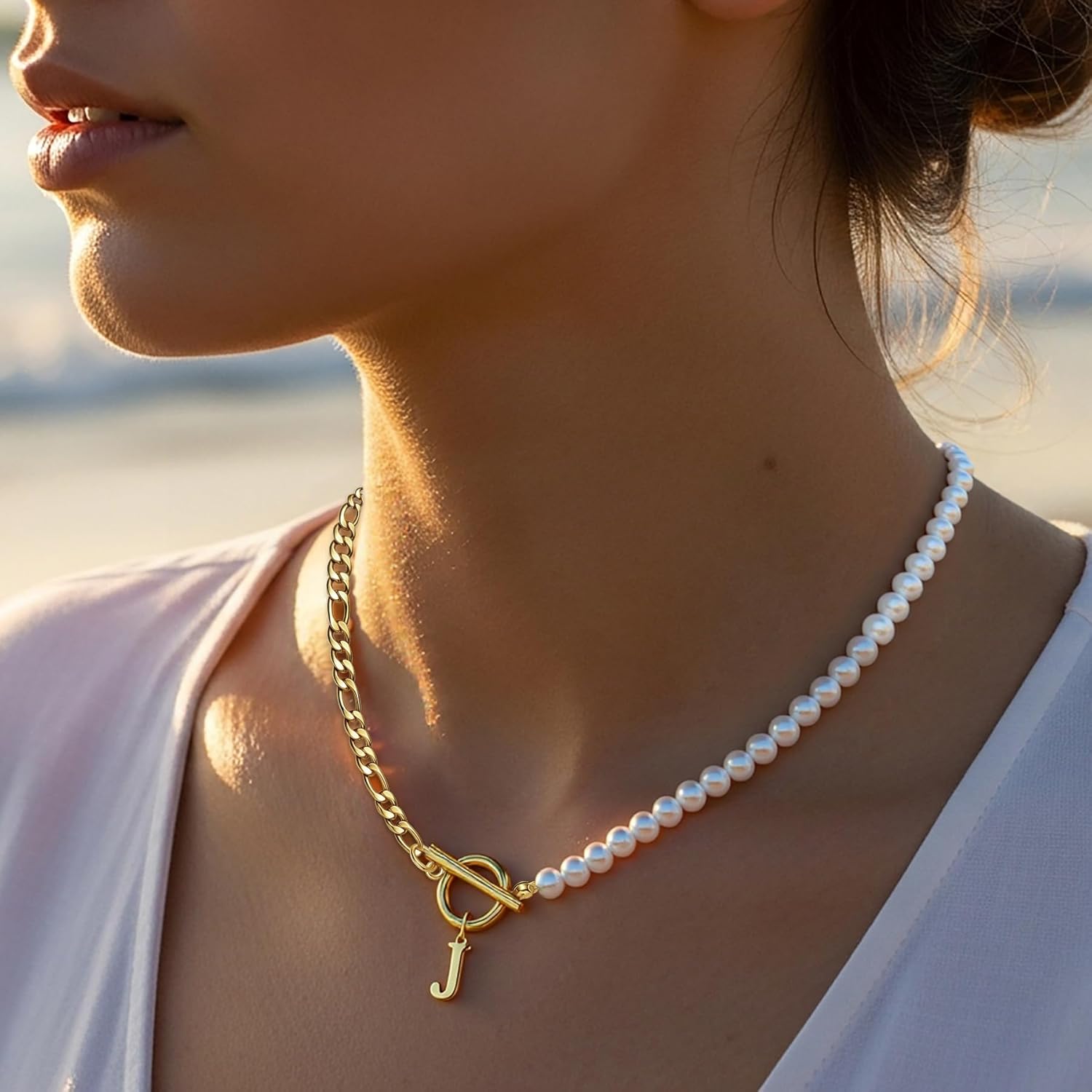 Pearl Initial Necklaces for Women 18K Gold Stainless Steel Letter A-Z Pendant Figaro Chain 16+3 Inch Jewelry Gift for Her - Image 5