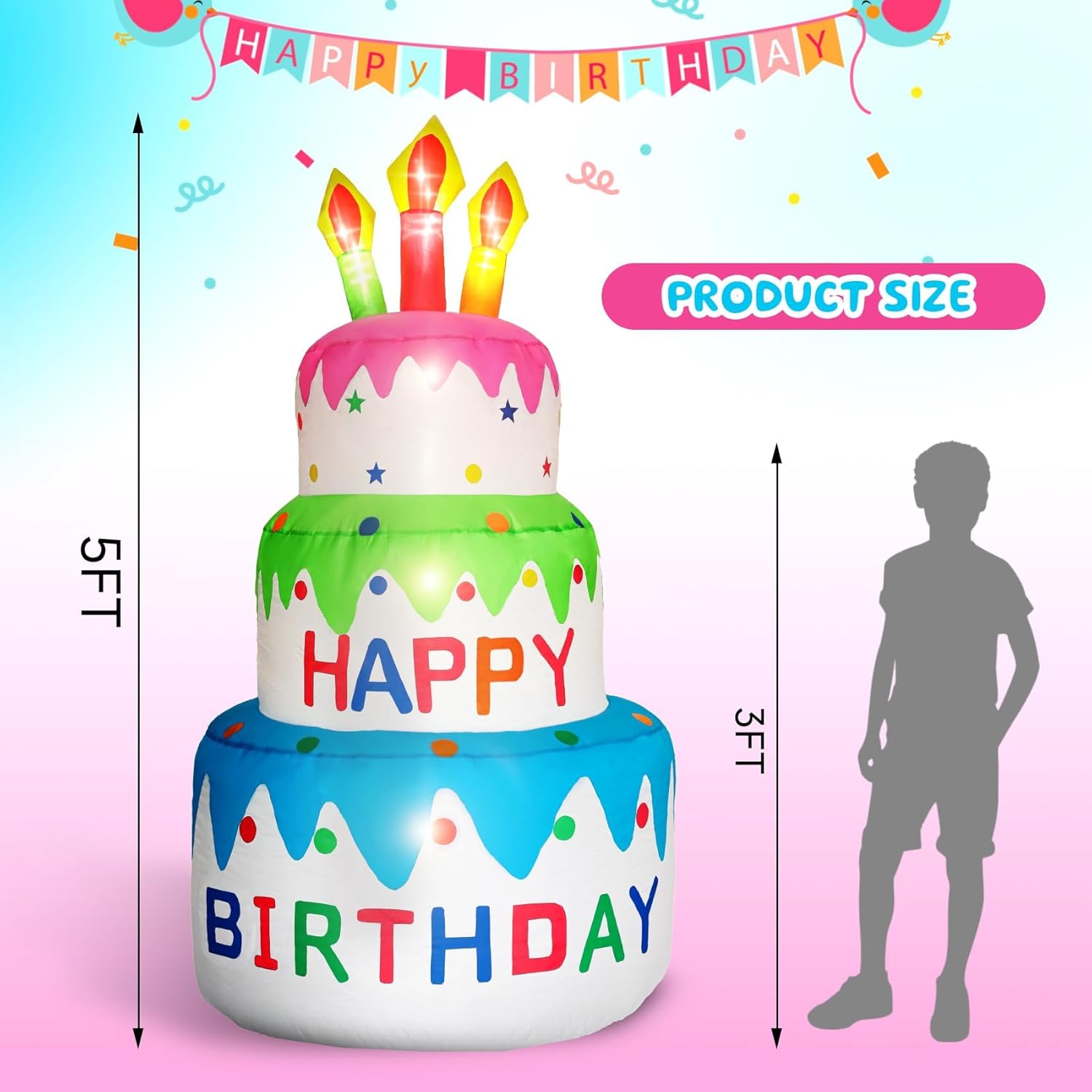 DearSun 5FT H Inflatable Happy Birthday Cake Indoor Outdoor Decoration with Candles Lighted, Blow Up Holiday Birthday Party Decor Inflatable Cake with Build-in LED Lights