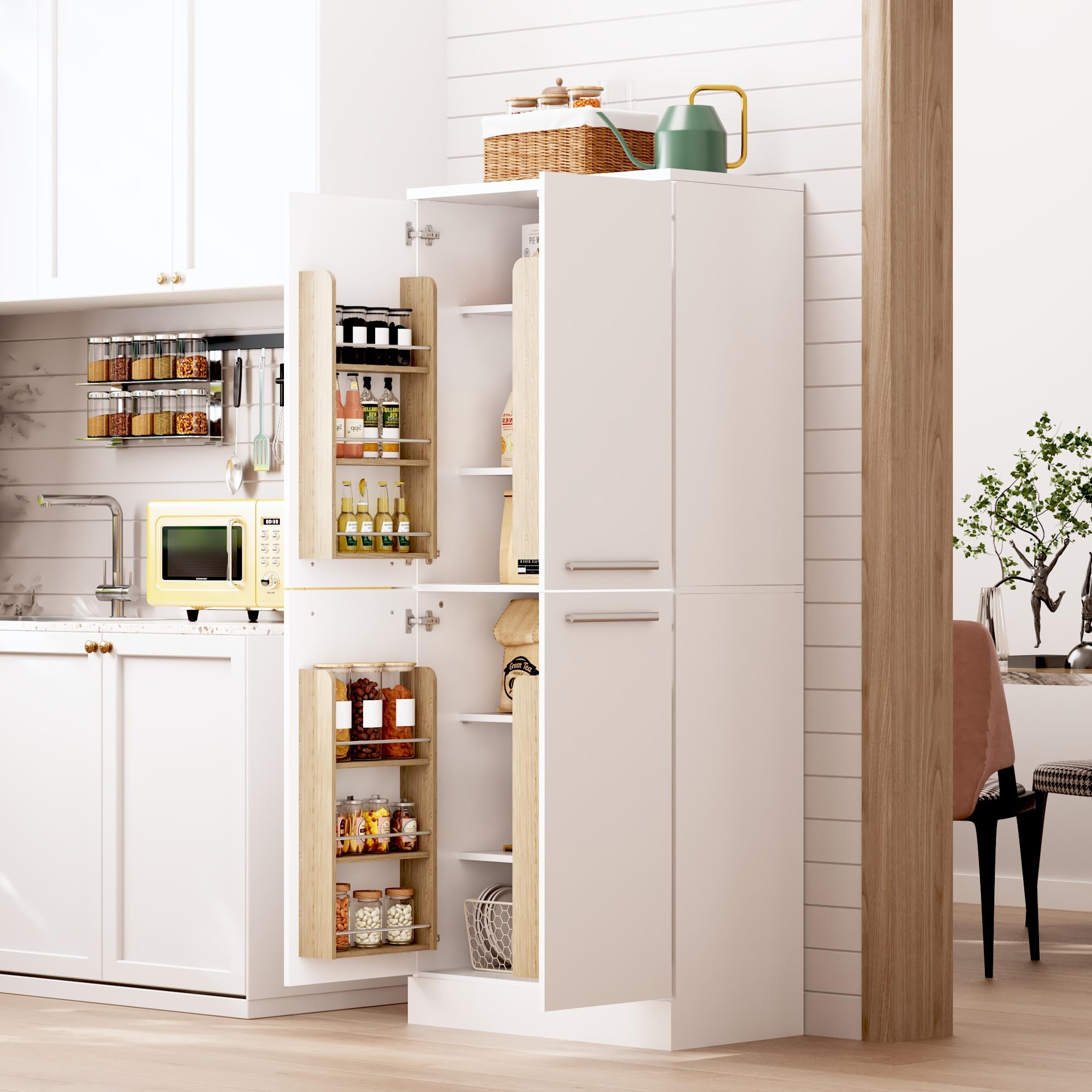 Muskel Kitchen Pantry Gabinete alto blanco brillante, armario de 4 puertas en diseño de frigorífico, estantes ajustables en altura, armario de cocina grande con asas de metal, 76 x 42 x 180 cm