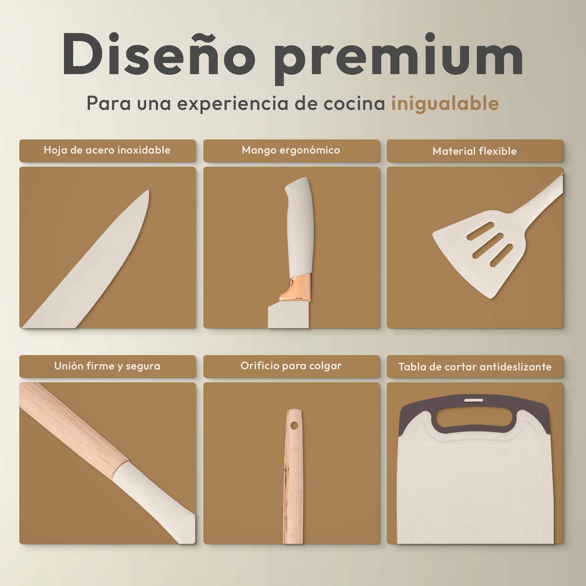 JUPPLIES Juego de Utensilios de Cocina de Silicona 19 Piezas con Cuchillos, Tijeras y Tabla de Cortar – Set Antiadherente Resistente al Calor – Apto para Todas Las Ollas y Sartenes - Beige — view 4