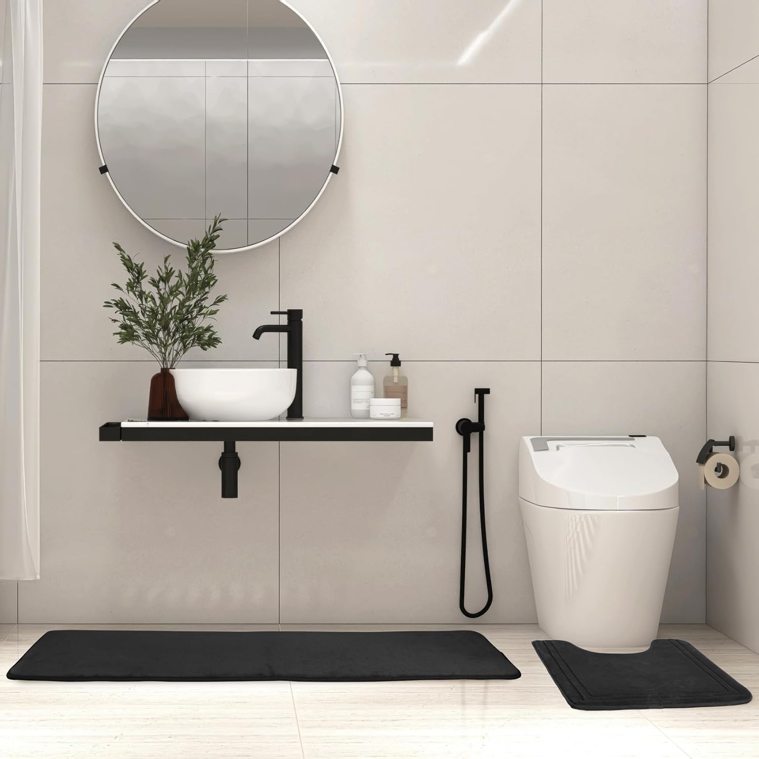 Black Bath Mat Runner Long Narrow Bathroom Rug Memory Foam Microfiber Bathroom Carpet Non Slip Soft Absorbent Washable Bathrug,16" x 47" - Image 2