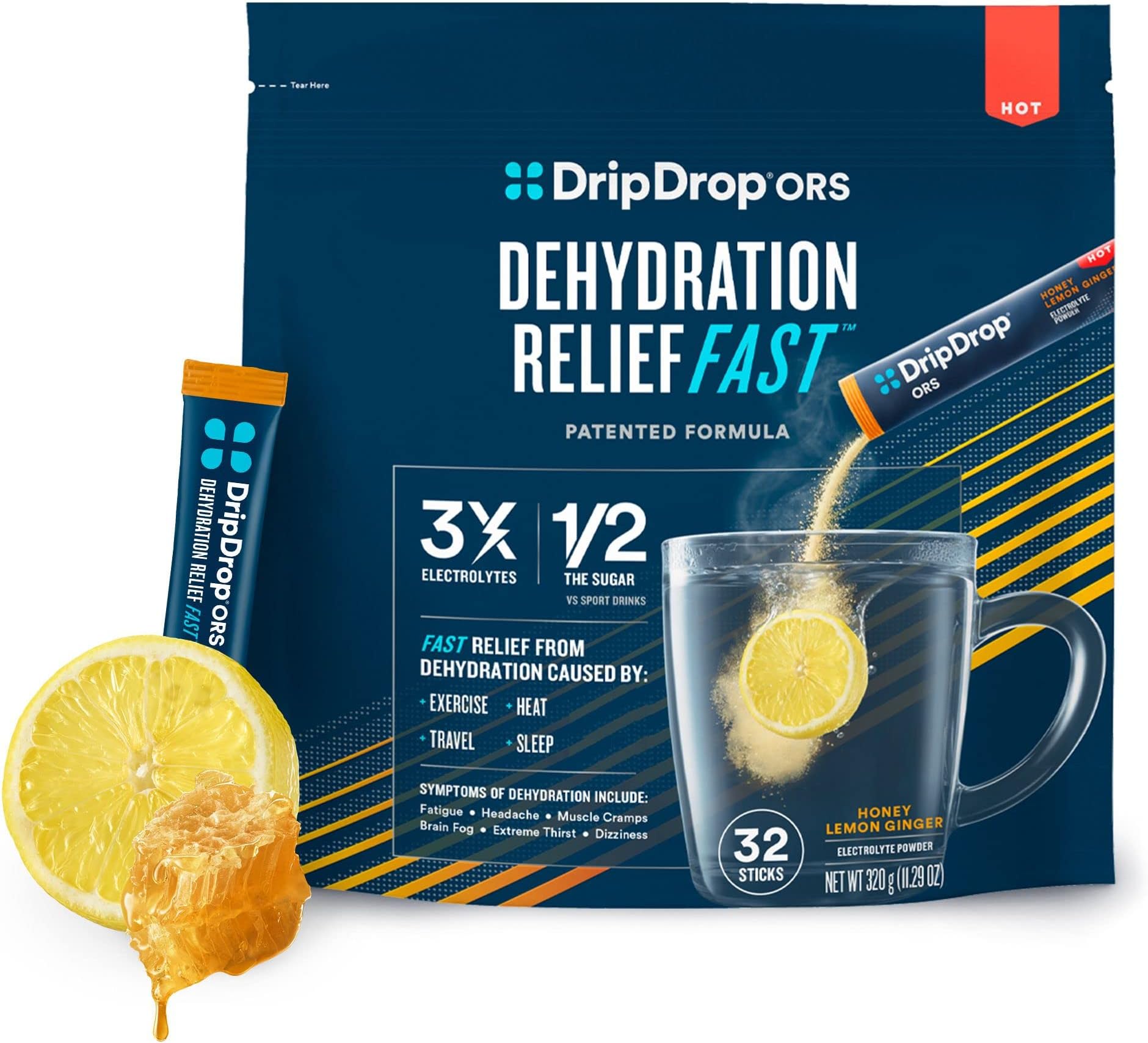 DripDrop Hydration - Electrolyte Powder Packets - Honey Lemon Ginger - 32 Count