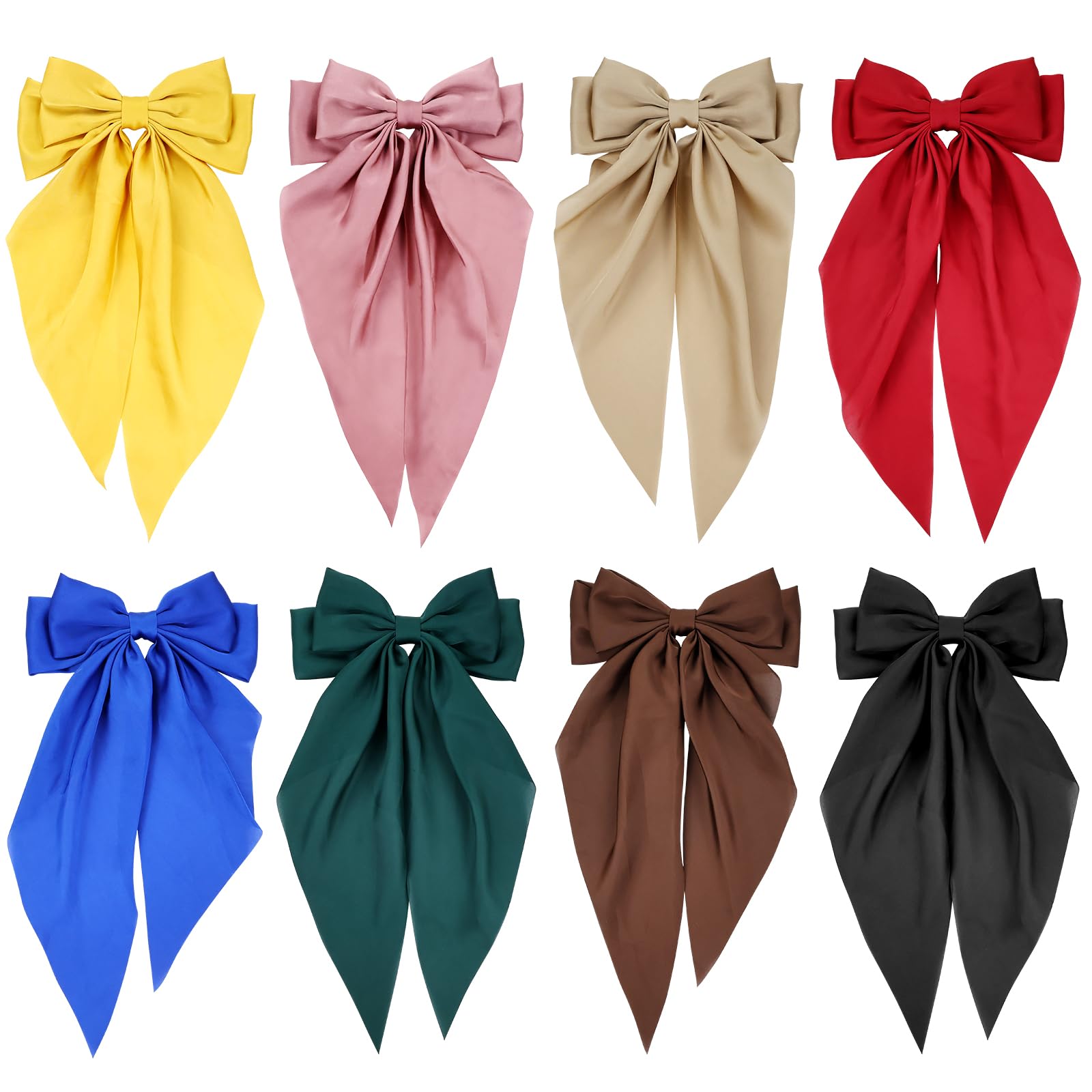 Cinaci 8 Pieces Silky Satin Big Hair Bows for Women Girls Teens, Fancy Long Tail Bow Hair Clips French Hair Barrettes