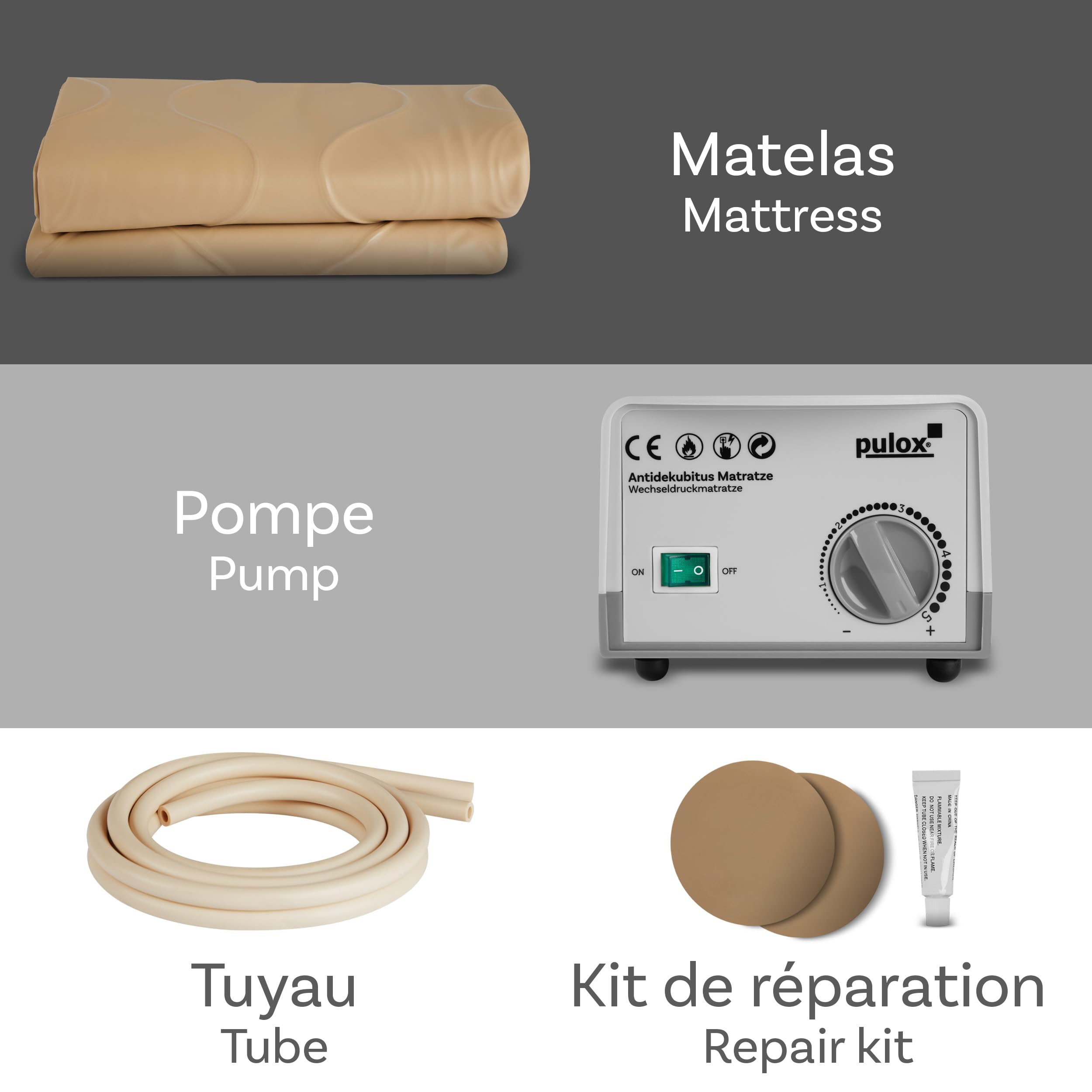 Pulox ADM-130 Matelas Anti-escarres - Surmatelas à Pression alternée avec Pompe - Silencieux et supportant jusqu'à 130 kg - Beige