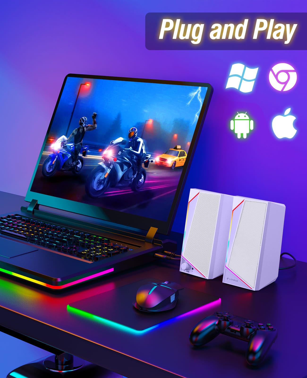 LENRUE Altoparlanti per computer, audio AUX alimentato tramite USB/USB-C per altoparlanti del PC con suono stereo forte, ingresso cuffie, luci touch per desktop, computer, laptop, scrivania