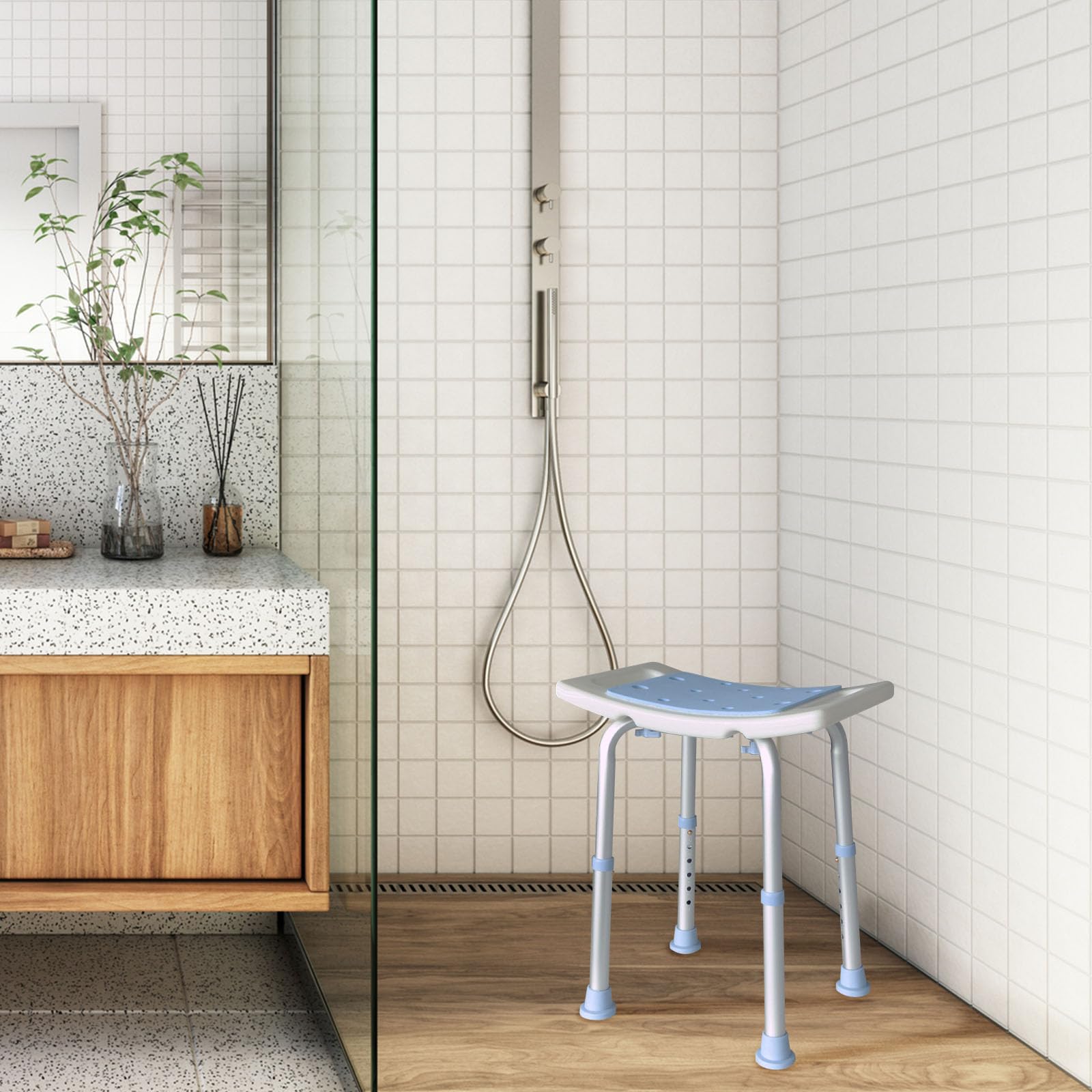 Floordirekt Taboret prysznicowy Nora – krzesło prysznicowe z regulacją wysokości 37,5-49,5 cm – obciążenie do 136 kg