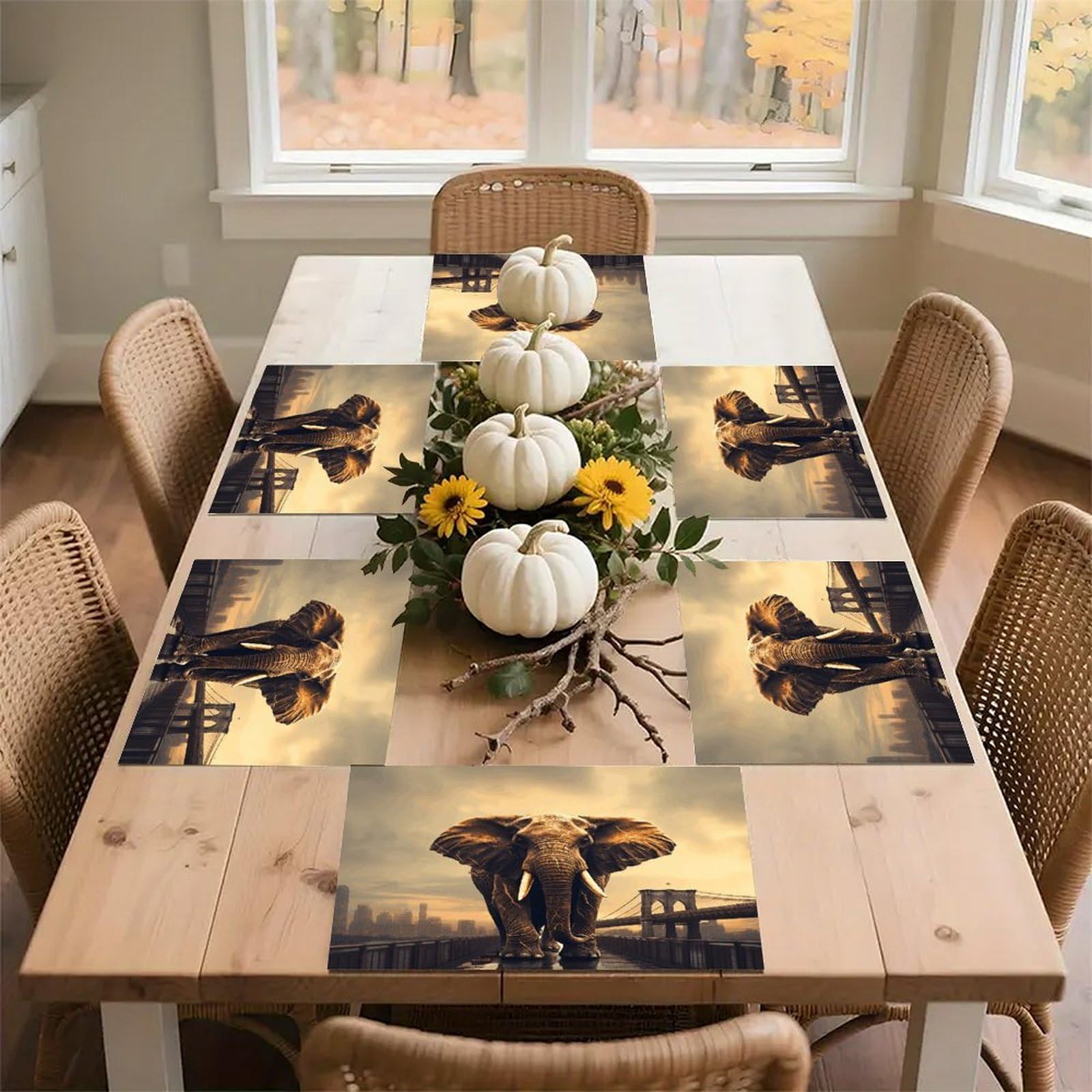 Elephant On A Bridge Placemats Wipeable Heat Resistant Table Mats Washable Flax Place Mats Elegant Cloth Non-Slip Placemat for Kitchen Dinning Party Table Decor 12 * 18 in