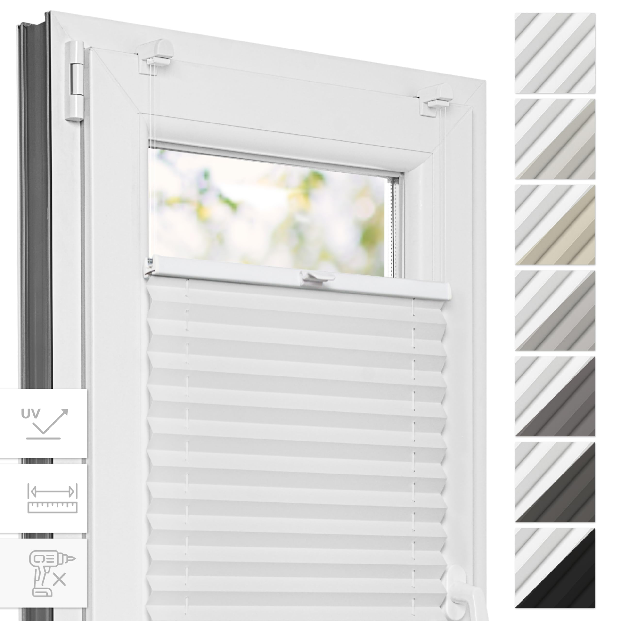 Estika Thermo Plissee ohne Bohren - 125 x 120 cm - Farbe: Weiß - Fensterrollos für innen, Plissee Verdunklung, Plissee Blickdicht, Rollos für Fenster ohne Bohren