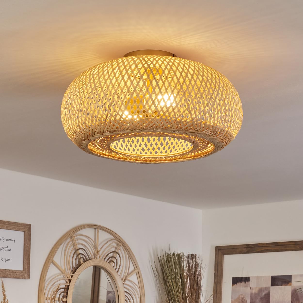 Plafoniera Bauro, lampada da soffitto moderna in metallo/bambù in colore oro/natura, lampada dal design boho con effetto luce, ø40 cm, 1 luce, 1 x E27, senza lampadina/e