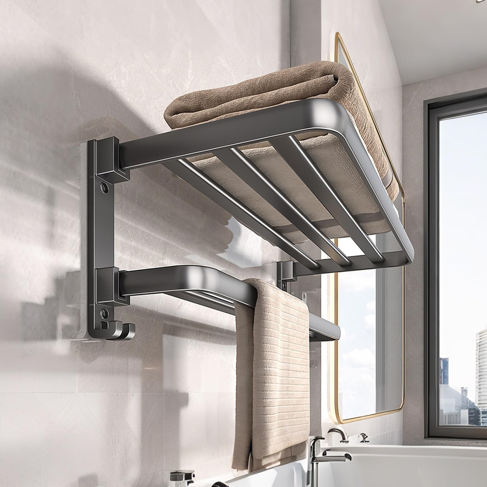 Towel Rail, 60 cm, Wall Mounted with Towel Hook, 2 Tiers, Aluminum Towel Rail No Drilling, Double 90° Folding Bar for Bathroom, Kitchen, Toilet