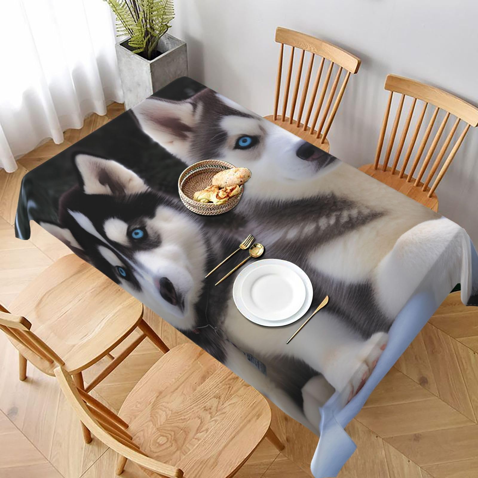 WPKJU Lovely Husky Printed Tablecloth 60x90 in Water Resistant Table Cover Washable Rectangle Table Cloth for Dining Tables