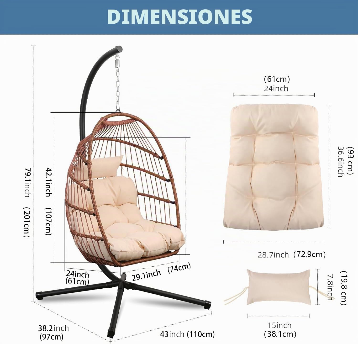 Goutime Silla Colgante de Huevo con Soporte y Funda Impermeable, Silla oscilante Plegable con cojín Resistente a los Rayos UV, Capacidad de 204KG para Interior (Marrón Rojizo con Soporte)