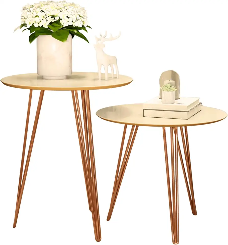 Conjunto 2 Mesinhas Laterais Apoio Sala Canto Redonda Pés De Ferro (1 - Off White Freijó)