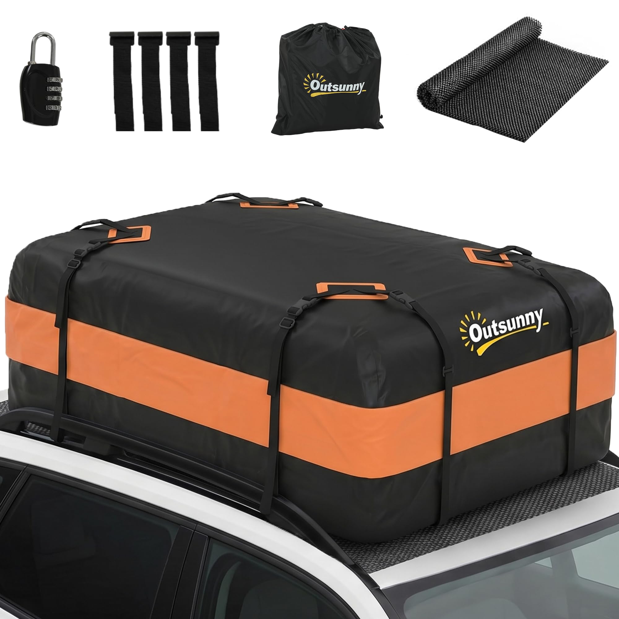 Outsunny Coffre de Toit de Véhicule 425 L, Intempéries, 8 Sangles Renforcées, 4 Crochets de Portes, Cadenas Antivol, Tapis Antidérapant, Sac de Toit Voiture pour Tous Véhicules avec/sans Barres