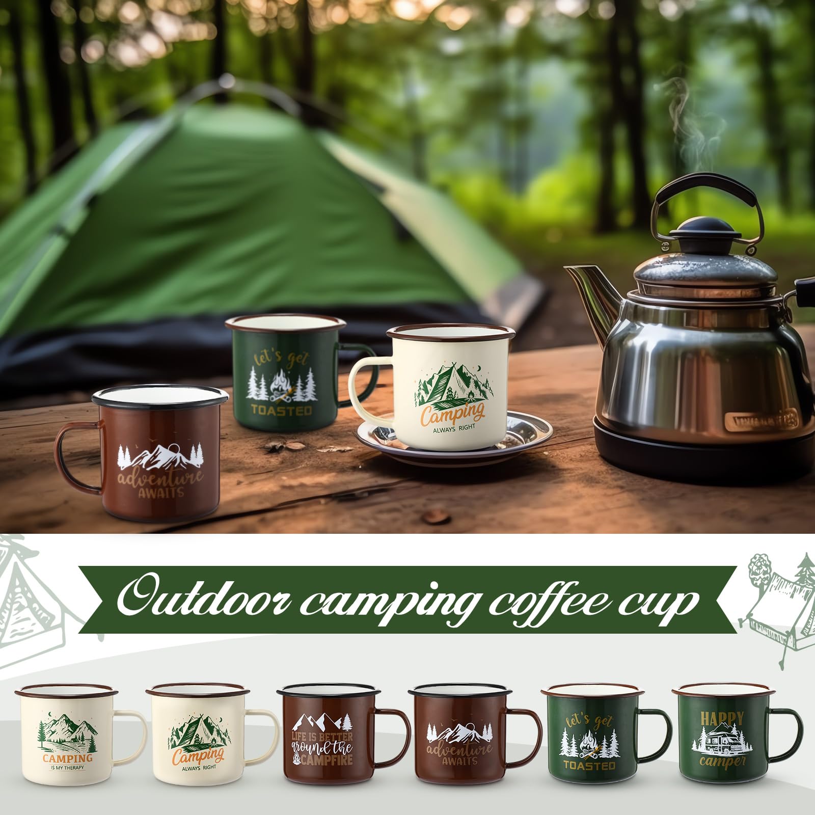 Maxcheck Emaille-Camping-Tassen, Kaffeebecher, Geschenk, 425 ml, Motiv: Happy Camper, Lagerfeuer, Teetassen, 3 Stile, Reise-Camping-Tassen, 6 Stück, für Trinken, Outdoor-Paare, Keramikbecher,