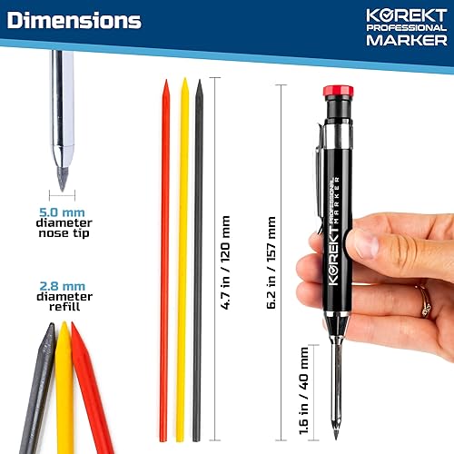 Miniatura 3 de KOREKT Marcador profesional  Juego de lápices de carpintero mecánico de barril de metal  12 recambios y sacapuntas integrado  Construcción,