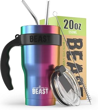 BEAST 20 oz Rainbow Tumbler Set with Handle - Stainless Steel Coffee Cup + 2 Straws Brush, Gift Box & Black Handle