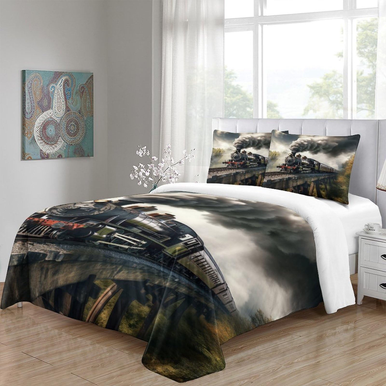 Funda Nórdica Tren De Vapor 150x200 Cm Con 2 Fundas De Almohada - Microfibra Suave, Cremallera Oculta, Diseño Clásico Ferroviario