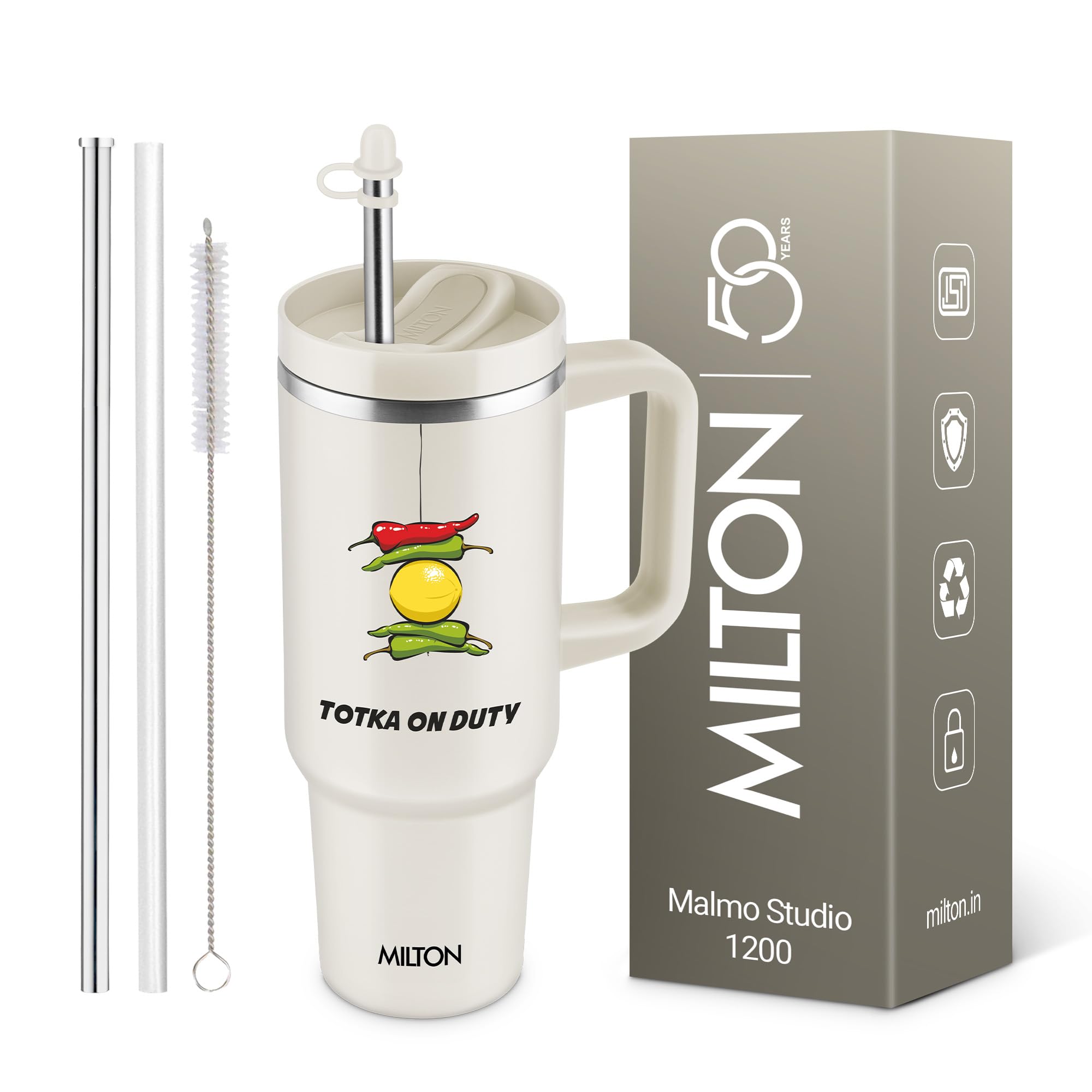 MILTON Malmo 1200 Thermosteel Double Wall Vacuum Insulated Stainless Steel Tumbler with Handle 1100ml, Travel Mug with Straw,Silicon Cap,Cleaning Brush,Hot & Cold Beverage Flask,Totka Cream