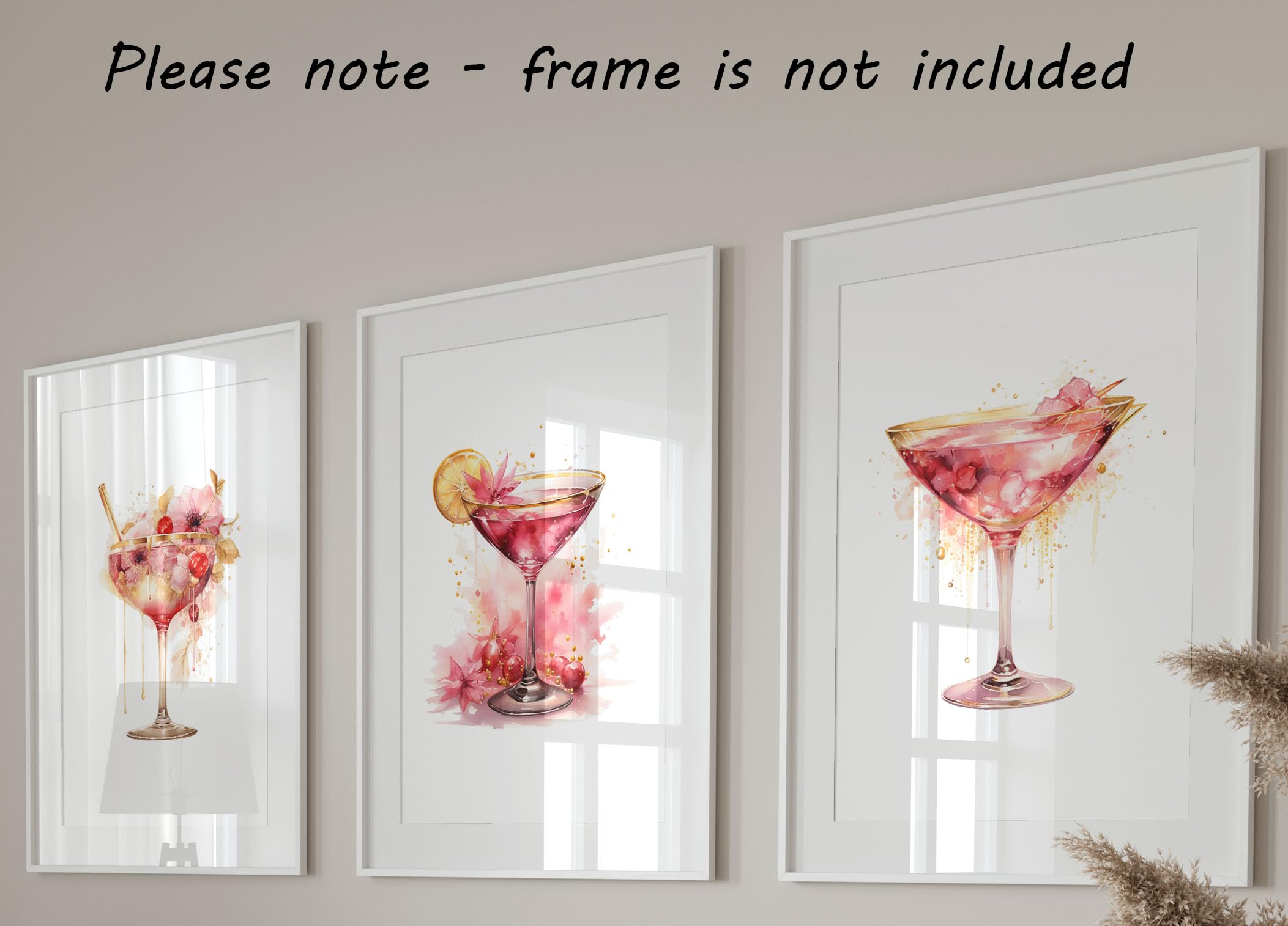 Pink Cocktails Set of 3 Unframed Wall Poster Prints, Beautiful Watercolour Design - Image 3