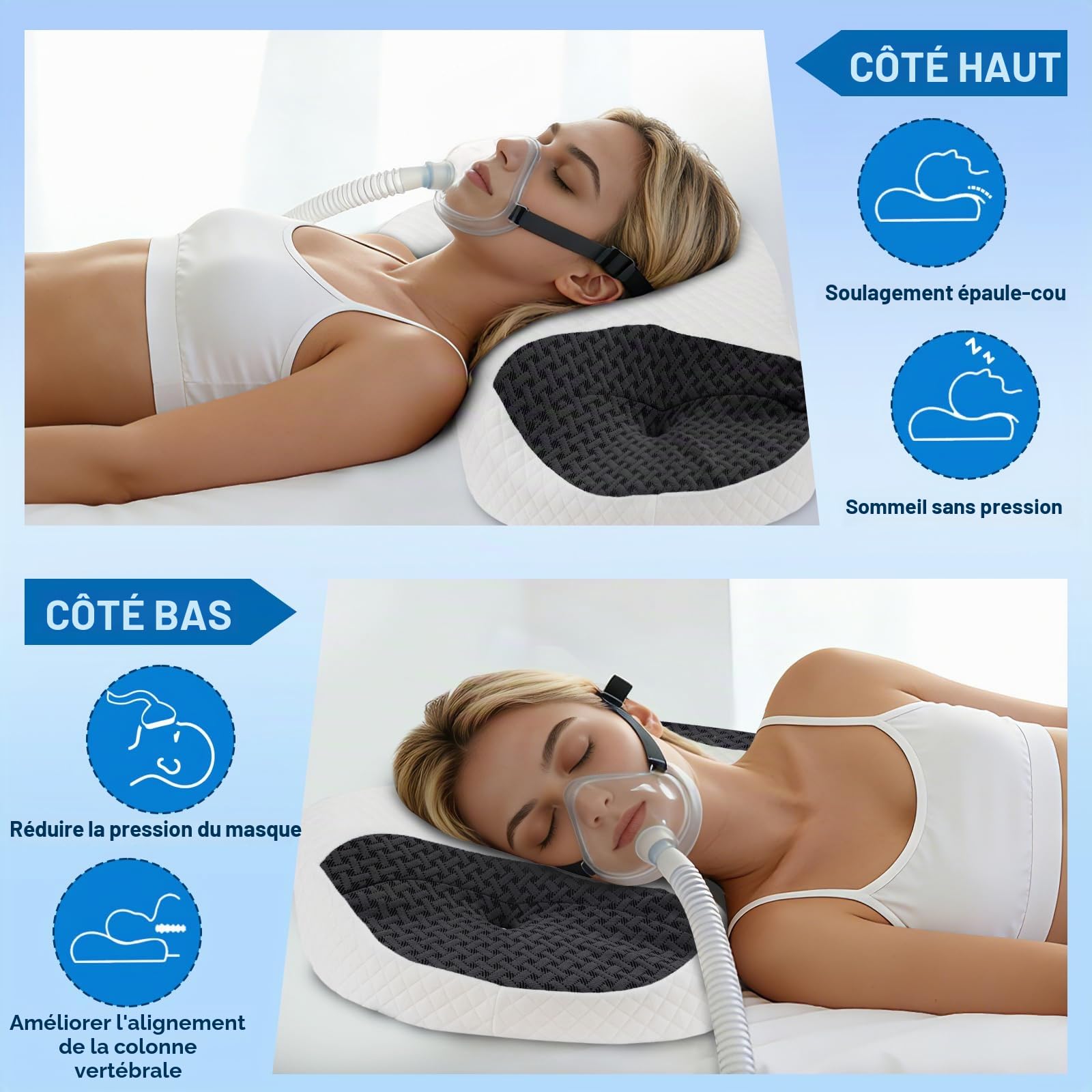 Oreiller CPAP pour Dormeurs sur Le Côté, Noir, 70x40x10/12.5cm