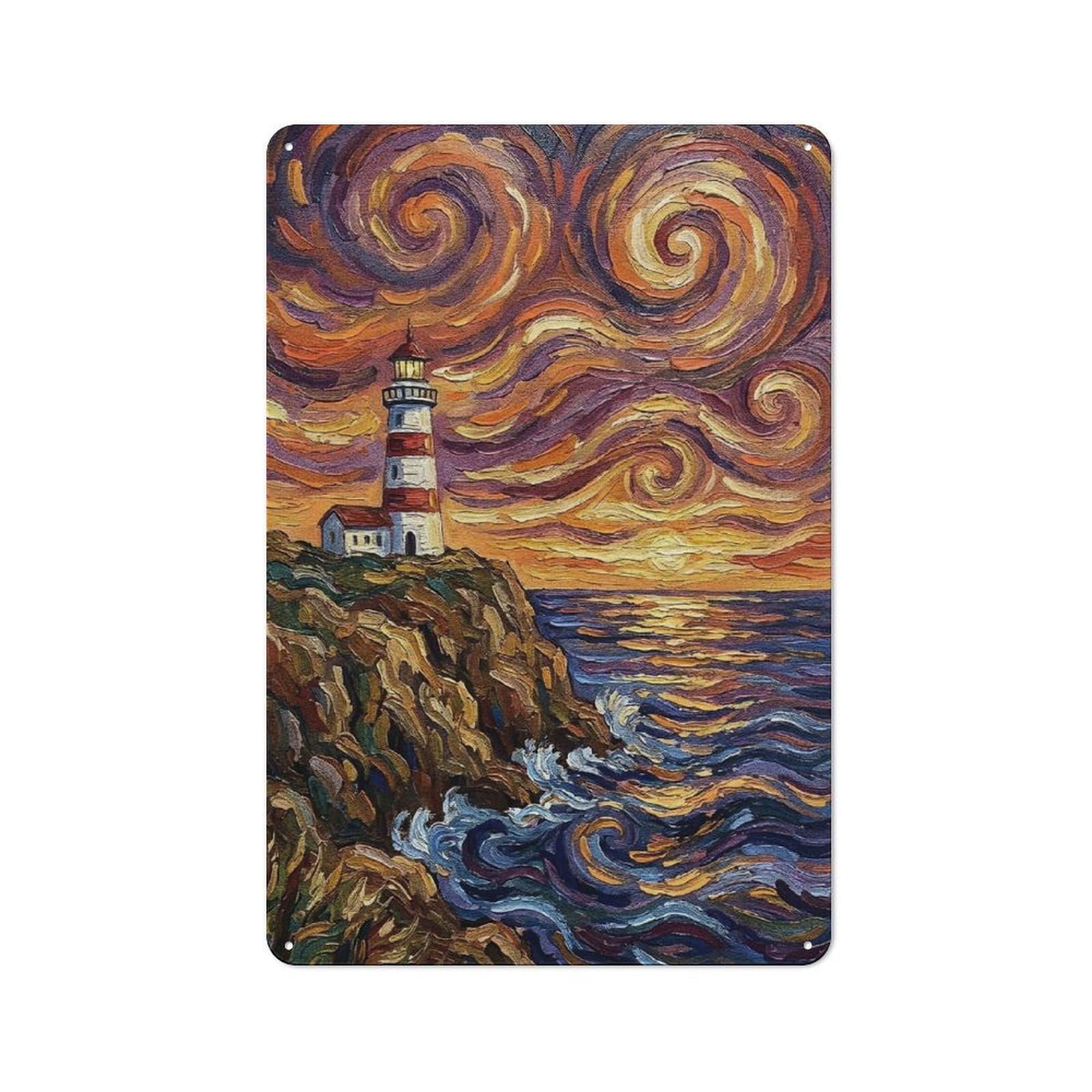 Junmoney Style-10 Casual Lighthouse At Sunset Painting Shed Metal Sign 30X20cm, Utility Space Decor For Shed, Garden Room, Porch Or Garage