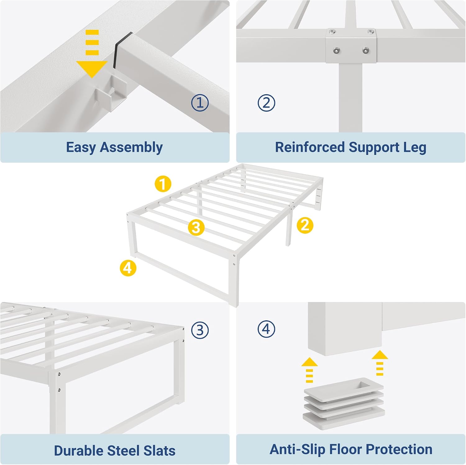 Diagram showing easy assembly steps, reinforced support leg, durable steel slats, and anti-slip floor protection