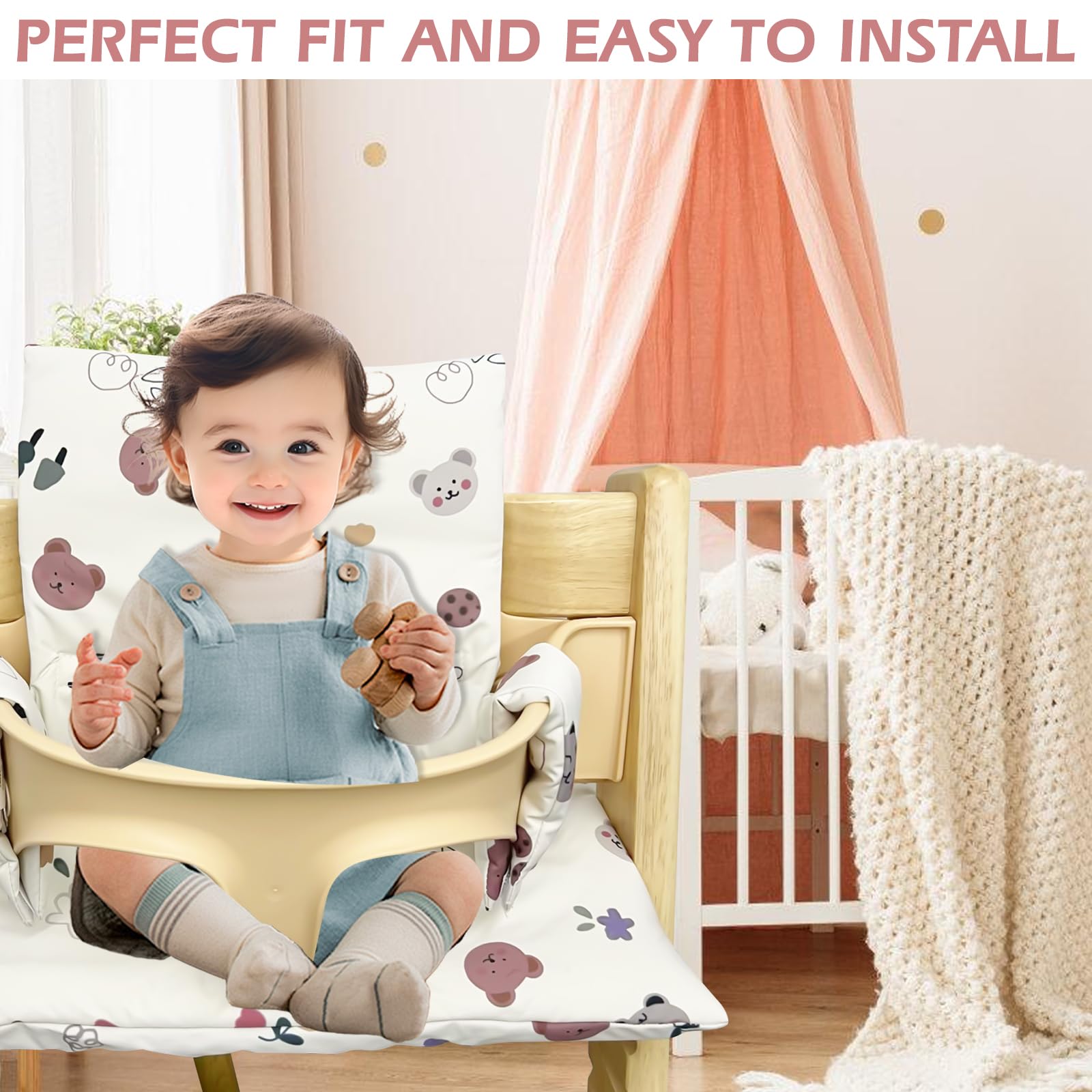 Sitzkissen für Stokke Tripp Trapp Hochstuhl: Rutschfest Hochstuhl Sitzkissen Set, Laminierte Beschichtung, Bio-Baumwolle Baby Sitzkissen, Maschinenwaschbar, Einfach Befestigung, Blumen, Bären