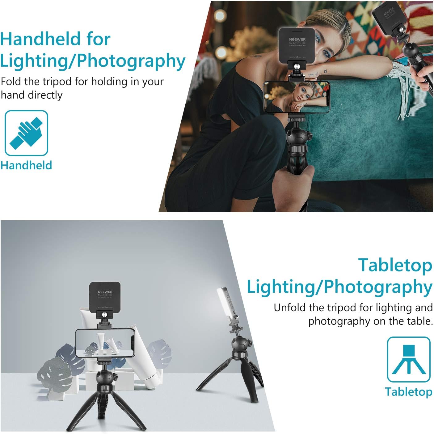 Best Deal 🛒 Neewer 2 Packs LED Video Light with Phone Stand Kit for Video Vlog Shooting: 12 SMD LED Bulb Mini LED Light with 8-Pack Color Filters, Mini Tripod with Phone Holder Compatible with iPhone/Samsung