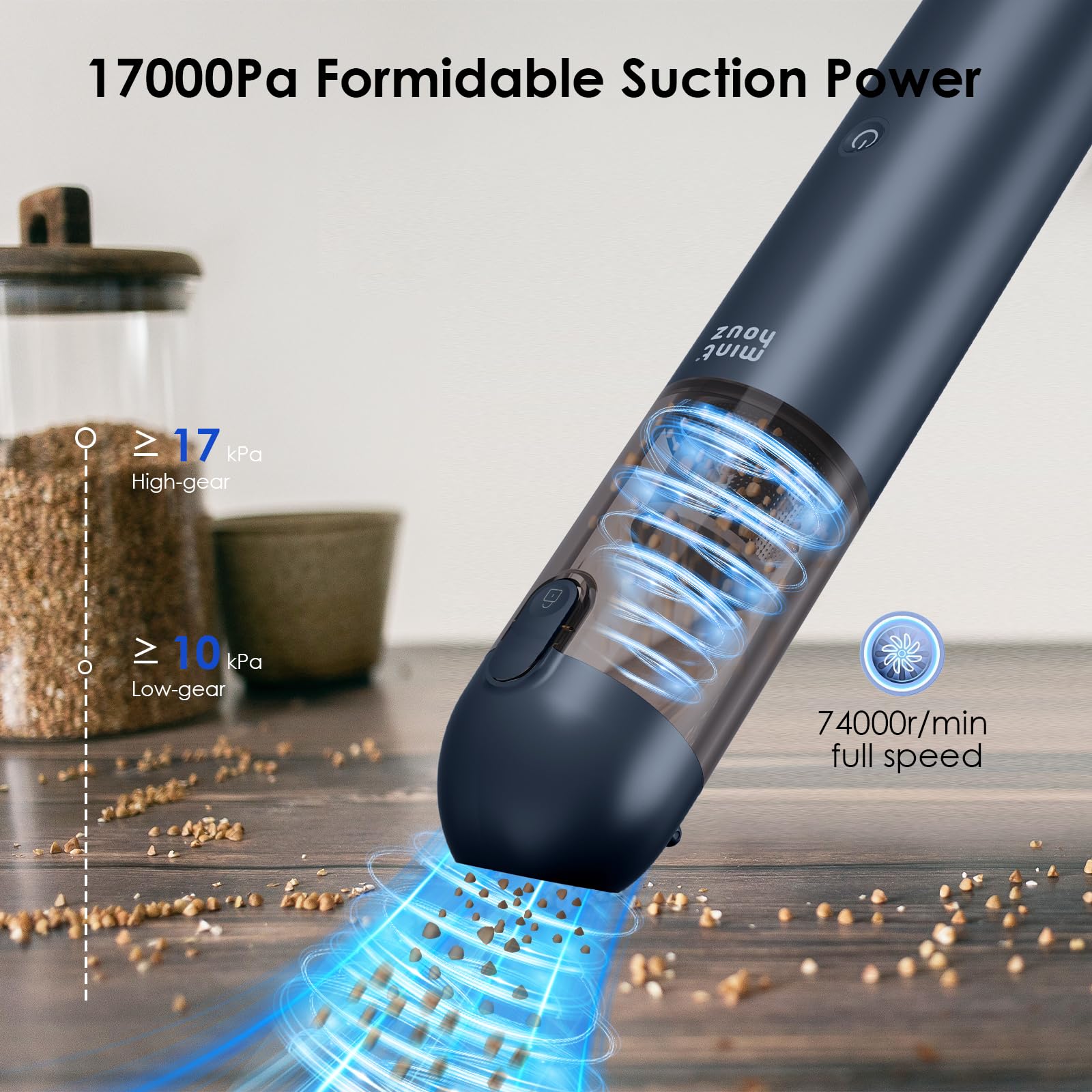 Minthouz Handheld Vacuum Cleaner 15000Pa, 120W snoerloze auto stofzuiger oplaadbaar met blazer, 2-snelheid draagbare draadloze mini hand stofzuiger met LED/SOS-lampje voor auto/huis