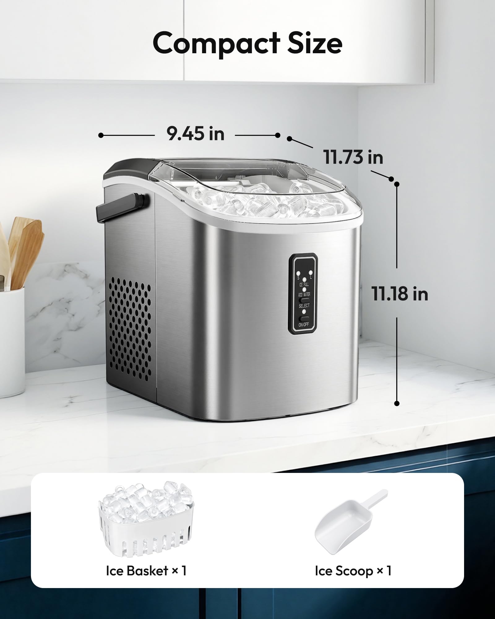 EUHOMY Machine à Glaçons 9 Cubes en 6 Min Machine à Glace Bullet 2 Tailles de Cube, Machine à Glace en Acier Inoxydable pour le Plan de Travail, 12kg/Jour Machine à Glaçons Noir pour Maison/Cuisine