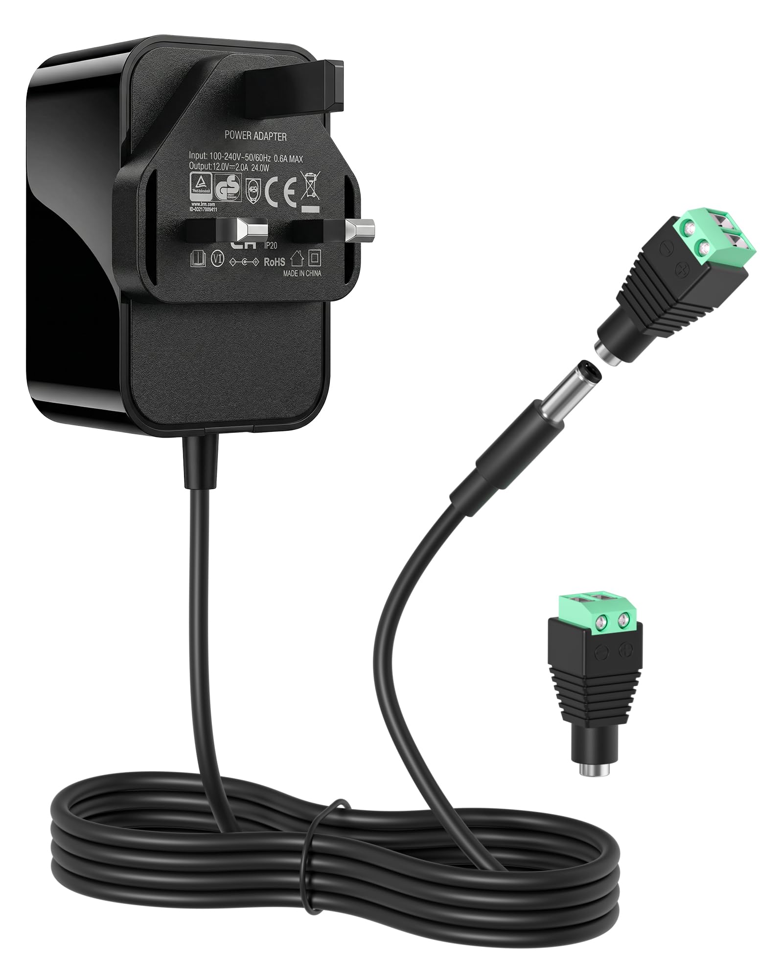 Sanicata 12V 2A Power Supply for LED Strip Lights,100-240V AC to DC Adapter 24W UK Plug 1.5M Cable 5.5mm x 2.1mm Jack, 2 Free DC Power Connector