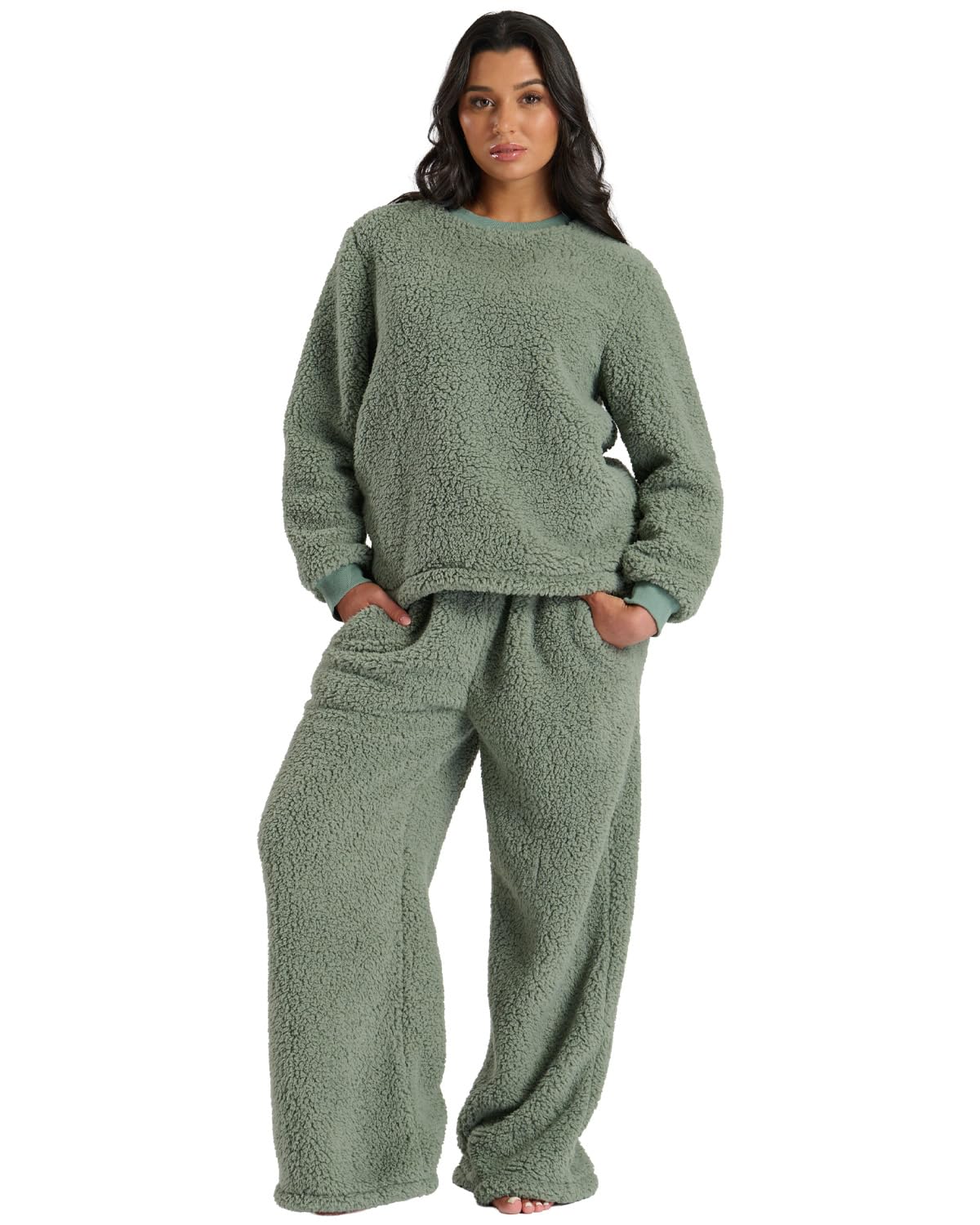 Slumber Hut Ladies Borg Jumper & Wide Leg Lounge Set 794087 Green XL