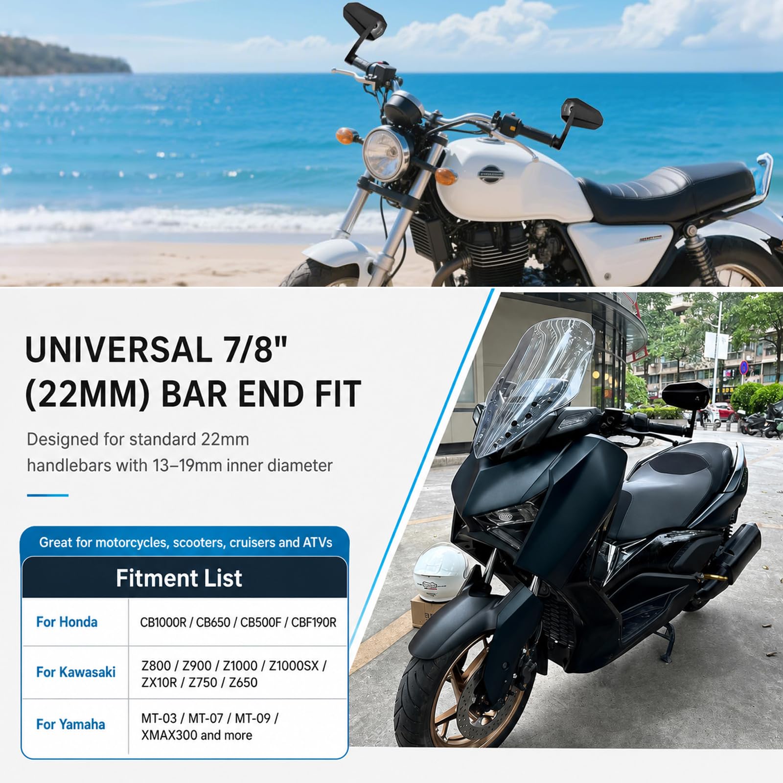 Anti-Glare Bleu Retroviseur Moto Embout de Guidon avec E24 Homologué | Retroviseur Moto Embout Latéraux Moto Universel 7/8“ 22mm Ensemble,Aluminium,pour Scooter Motos Quad ATV Bar End