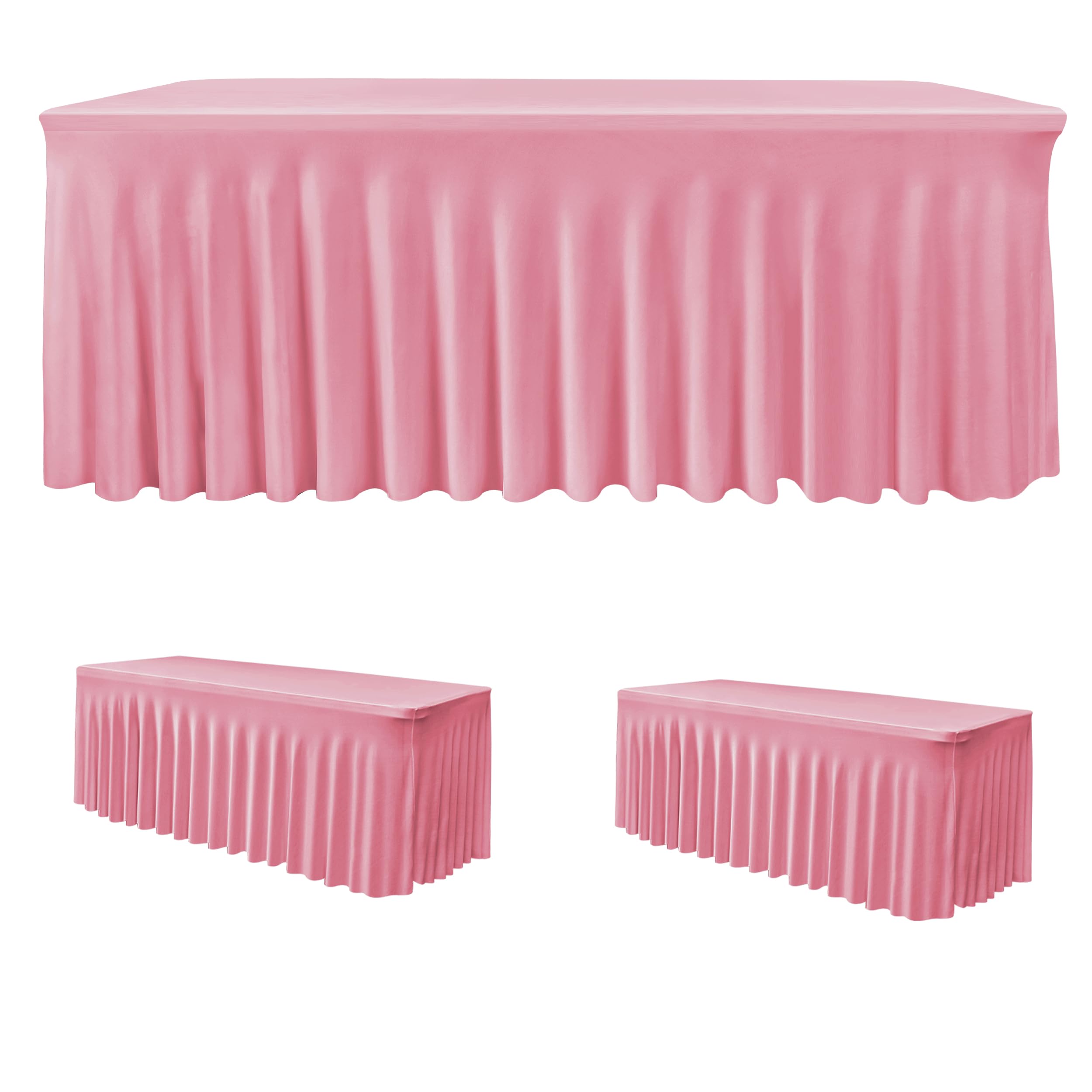 Photo 1 of HolidayIdeas 2 Pack Spandex Table Skirts for 8 ft Folding Table, Stretch Rectangle Tablecloth for Wedding, Banquets, Parties, Pink, 30x96 Inch