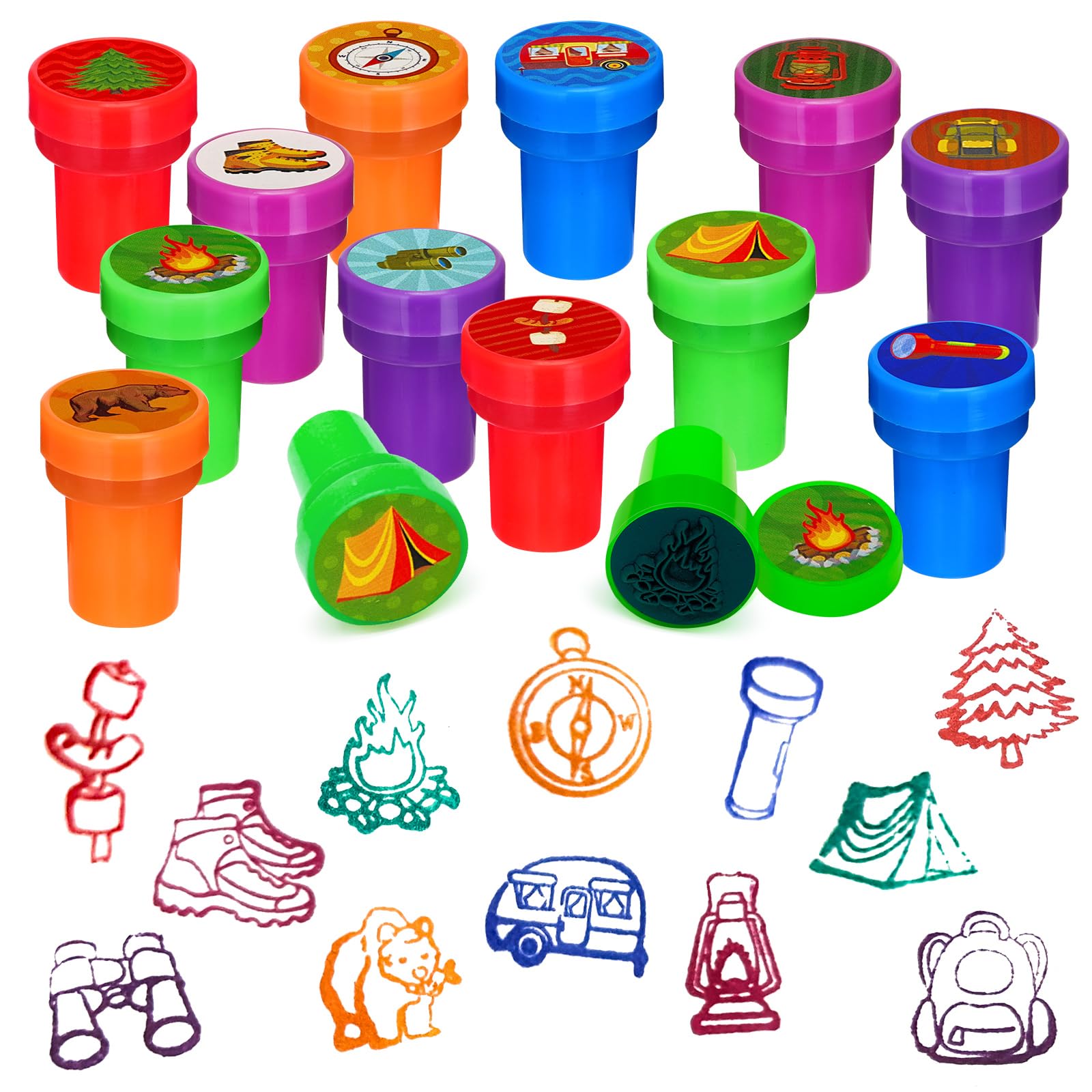 Cinrobiye 24 Pcs Happy Camper Stampers for Boys Girls, Camping Adventure Birthday Party Supplies Favors, Classroom Rewards, Carnival Prizes, Goodie
