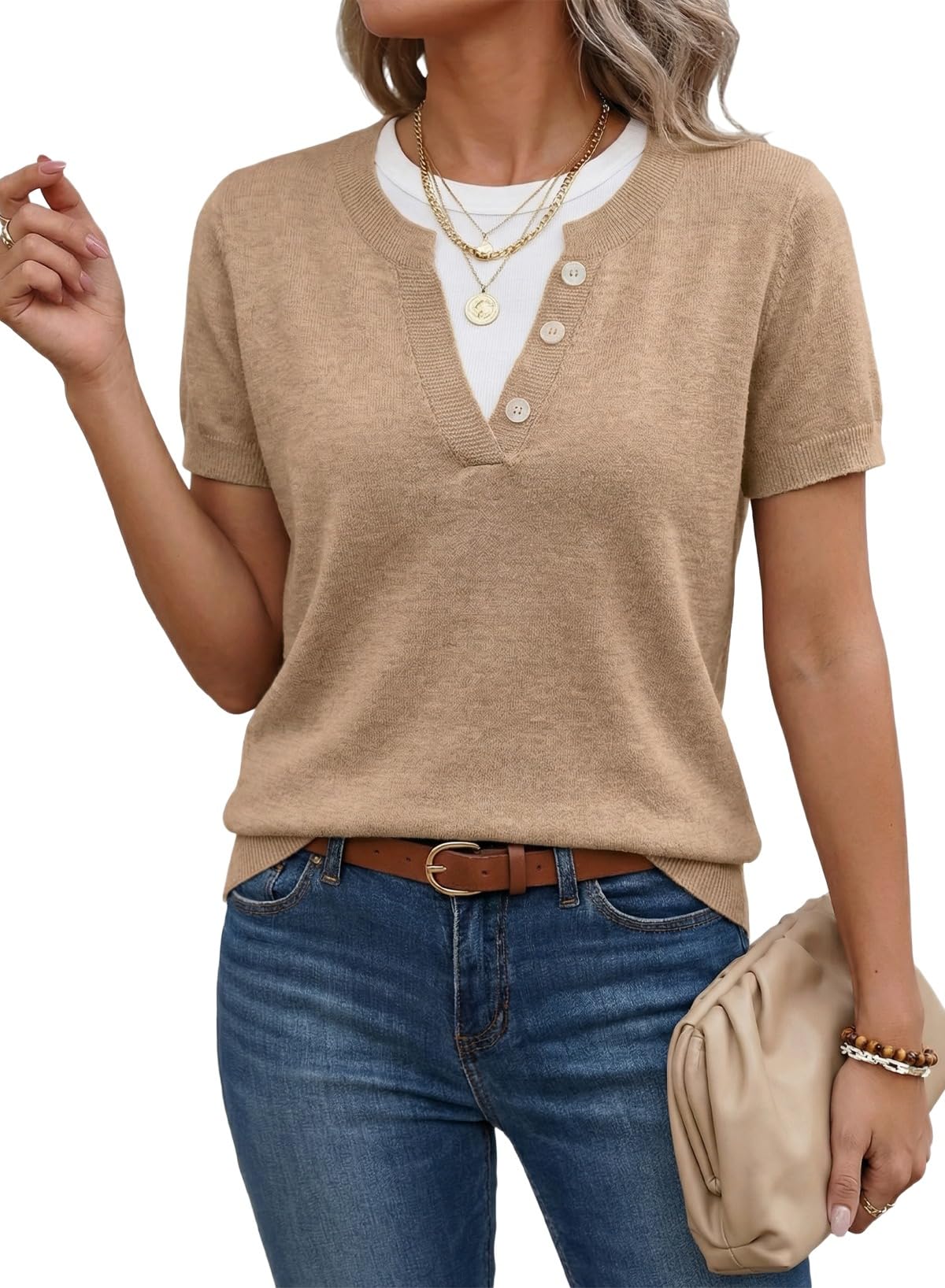 shewin Womens Sweaters Short Sleeve Color Block Tops Lightweight Summer Spring Shirts Business Casual Pullovers-picture-10