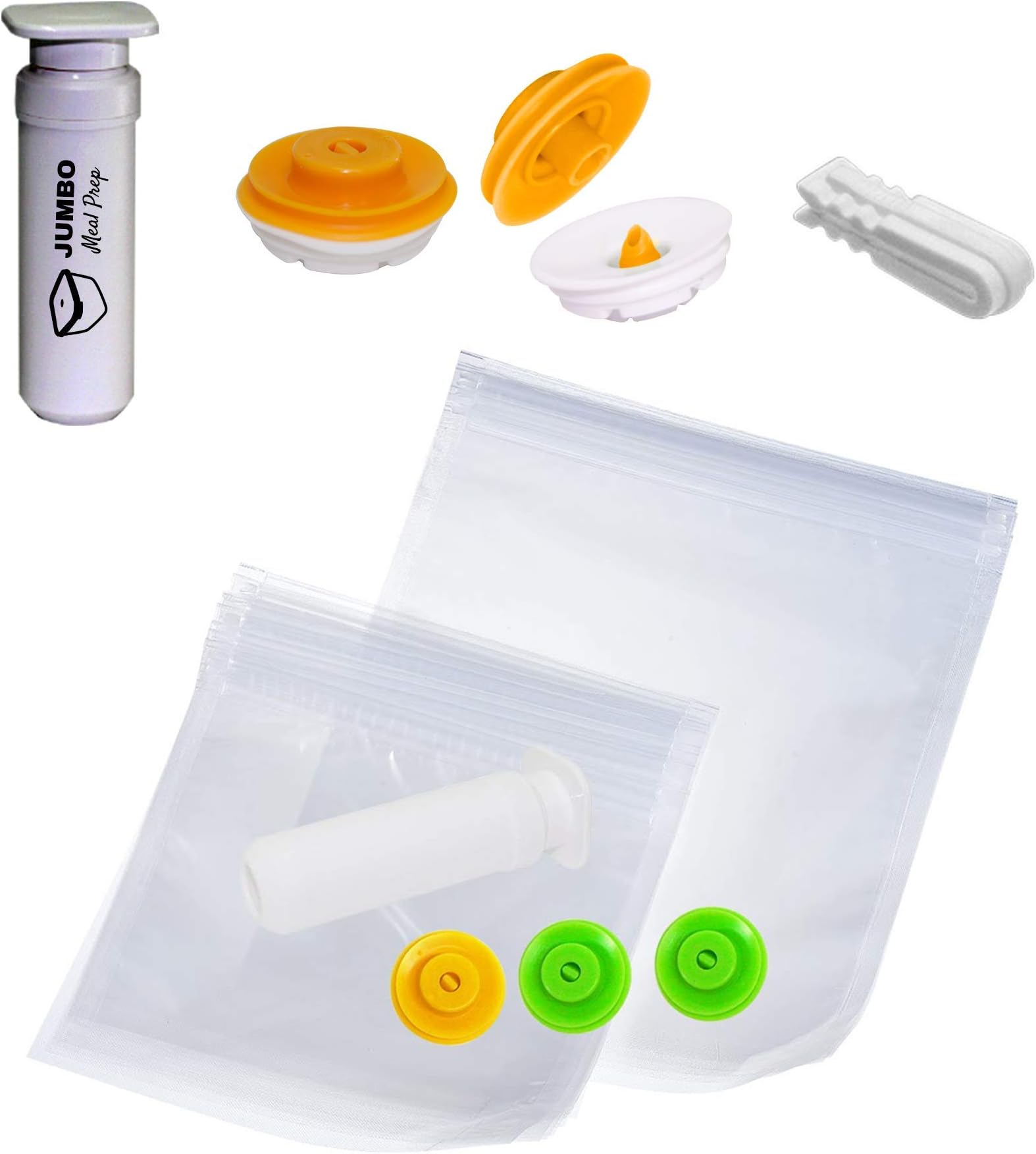 Jumbo Meal Prep Sous Vide Kit for Anova, Joule & Instant Pot Accessories - No Leaks or Vacuum Failure [Patented Design] - Works w/Any Zip Lock Bag - 5 Bags, 1 Pump, 3 Valves & 1 Sealing Clip