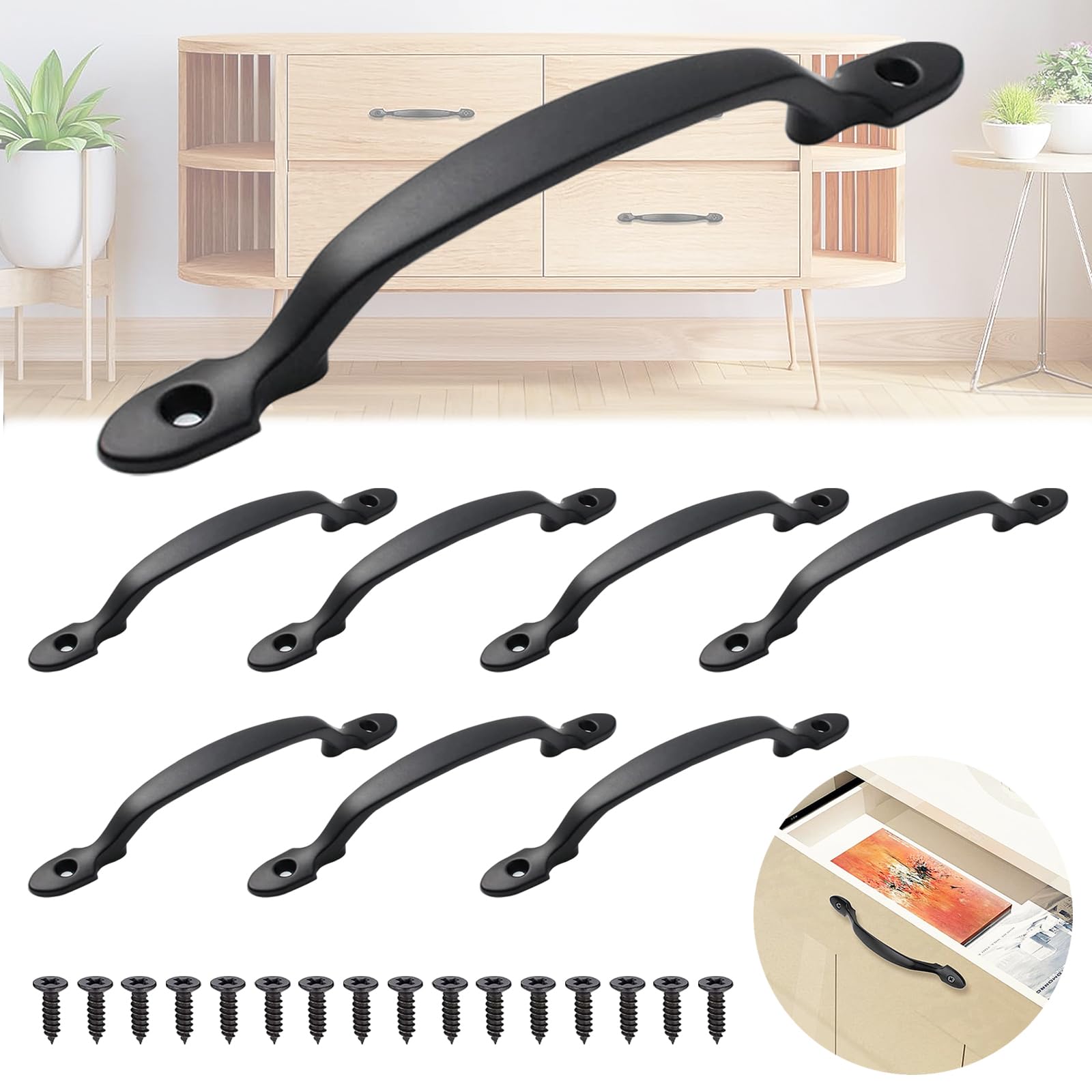 8 Piezas Manija Negra de Aleación de Zinc y Acero Inoxidable para Puerta de Muebles, Manejar Tiradores de Cajones Granero, Con 16 Tornillos, Para Armarios, Puertas de Jardín(158 x 20 mm)
