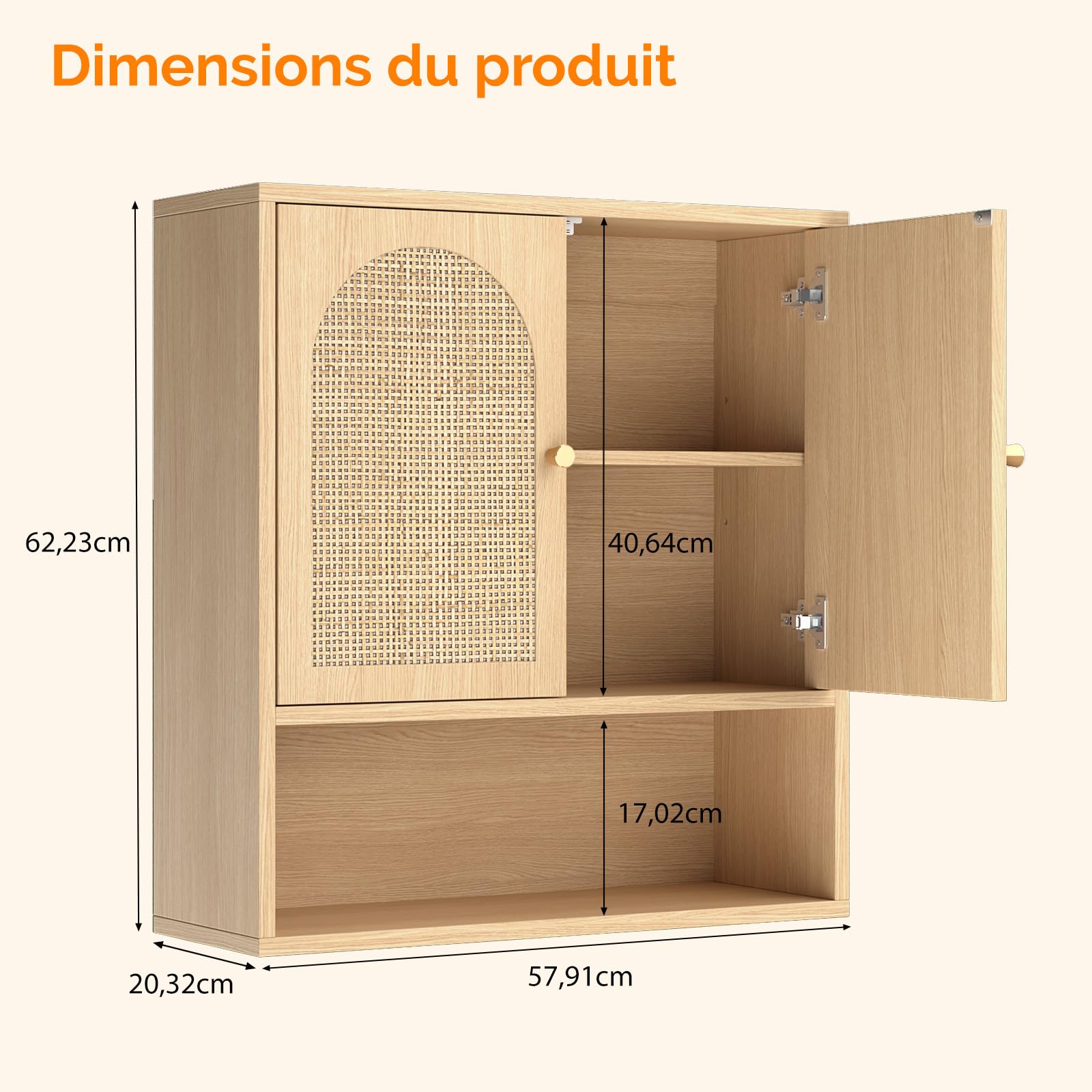 Bonnlo Armoire Murale de Salle de Bain en Rotin, 2 Portes & 1 Étagère, 58×20.4×62cm, Meuble de Rangement Suspendu en Chêne pour Salle de Bain, Cuisine, Salon