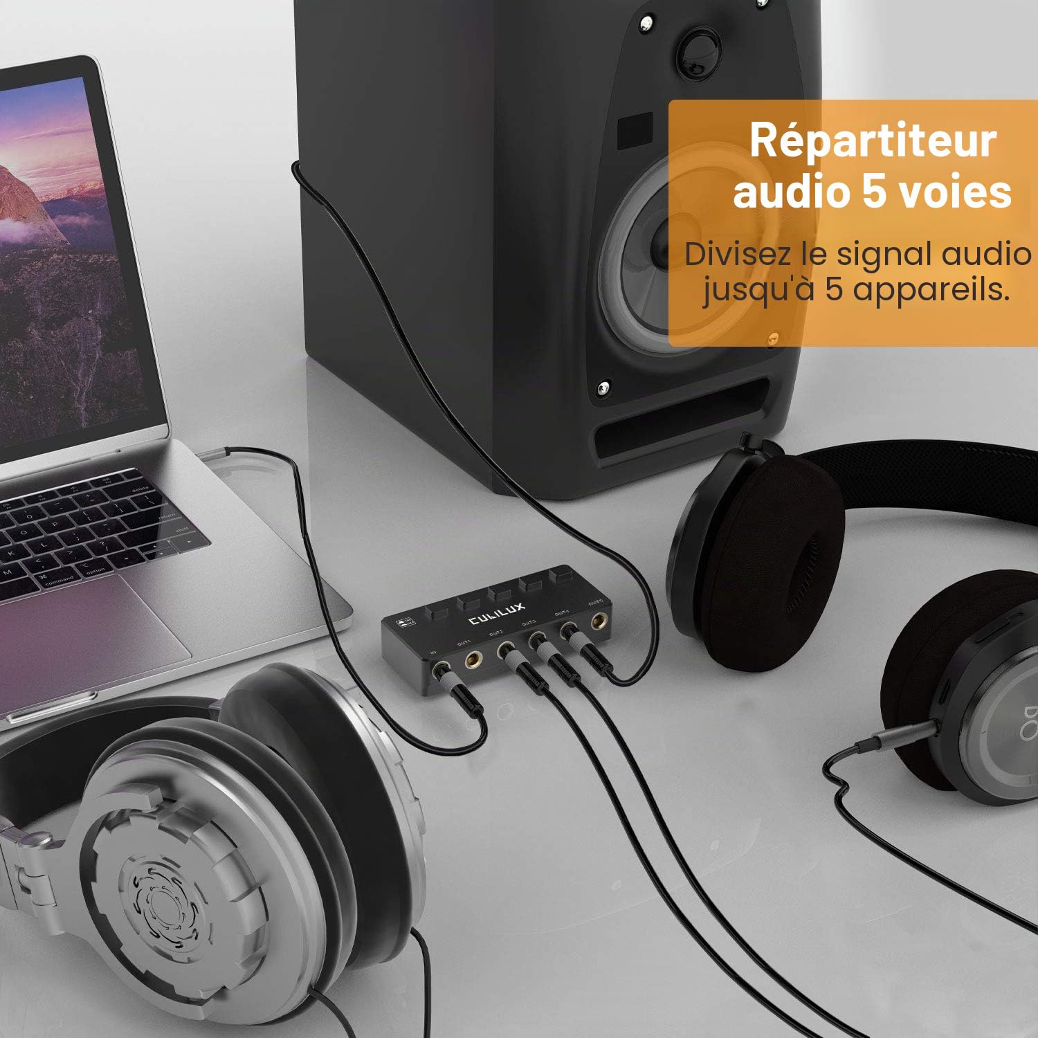 Cubilux Répartiteur Audio Stéréo 6,35mm 5 Voies avec Interrupteur, Boîtier Passif Multi AUX 1/4” TRS pour Casque, Enceinte, Guitare, Clavier, Pédale, Studio ou Scène