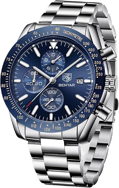 BY BENYAR Mens Watches Analog Quartz Chronograph Waterproof Dress Watch for Men Business Work Sport Casual Classic Stainless Steel Men's Wrist Watches Elegant Gifts for Men