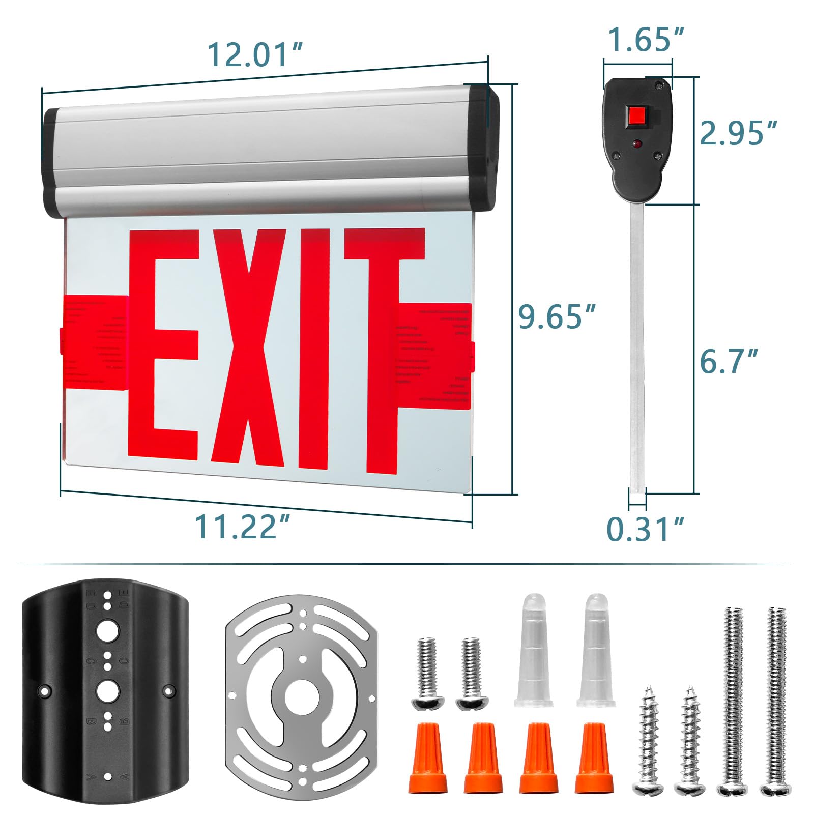 Señal de salida ED con luces LED rojas, carcasa de aluminio, placa acrílica giratoria con espejo de doble cara, señales de salida de emergencia con cable para negocios, montaje superior