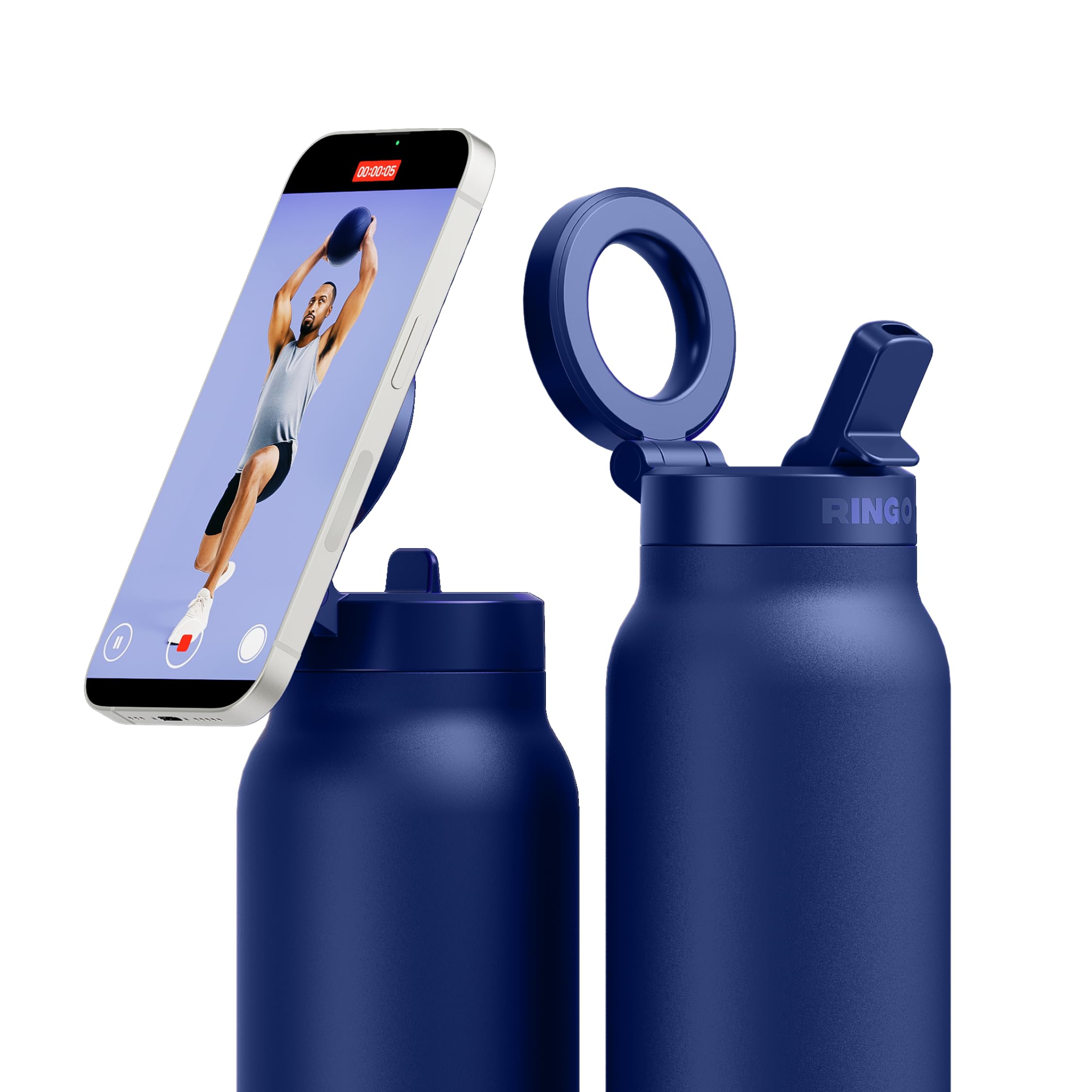 Ringo Pro - Borraccia in acciaio inox con supporto magnetico rotante per smartphone, 710 ml, colore: blu