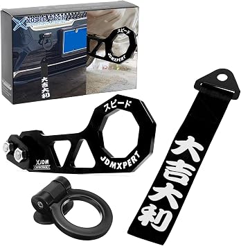 x xotic tech JDM Sports Tow Strap Racing Tow Strap Car Trailer Belt with Chinese Slogan + Front Tow Hook Kit Bumper Decoration + Rear Tow Towing Hook Universal for Car Good Luck & All The Best,Black