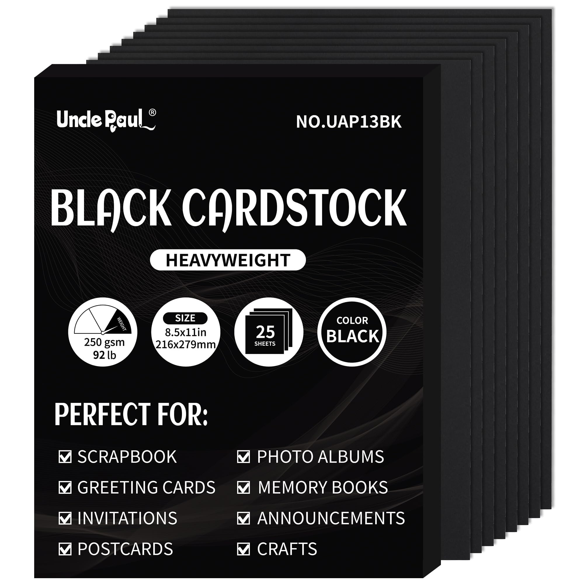 Black Cardstock - 8.5'' x 11'' 92lb Cover Card Stock Heavyweight Paper Perfect for Scrapbooking, Crafts, Business Cards 25 Sheets 250g UAP13BK