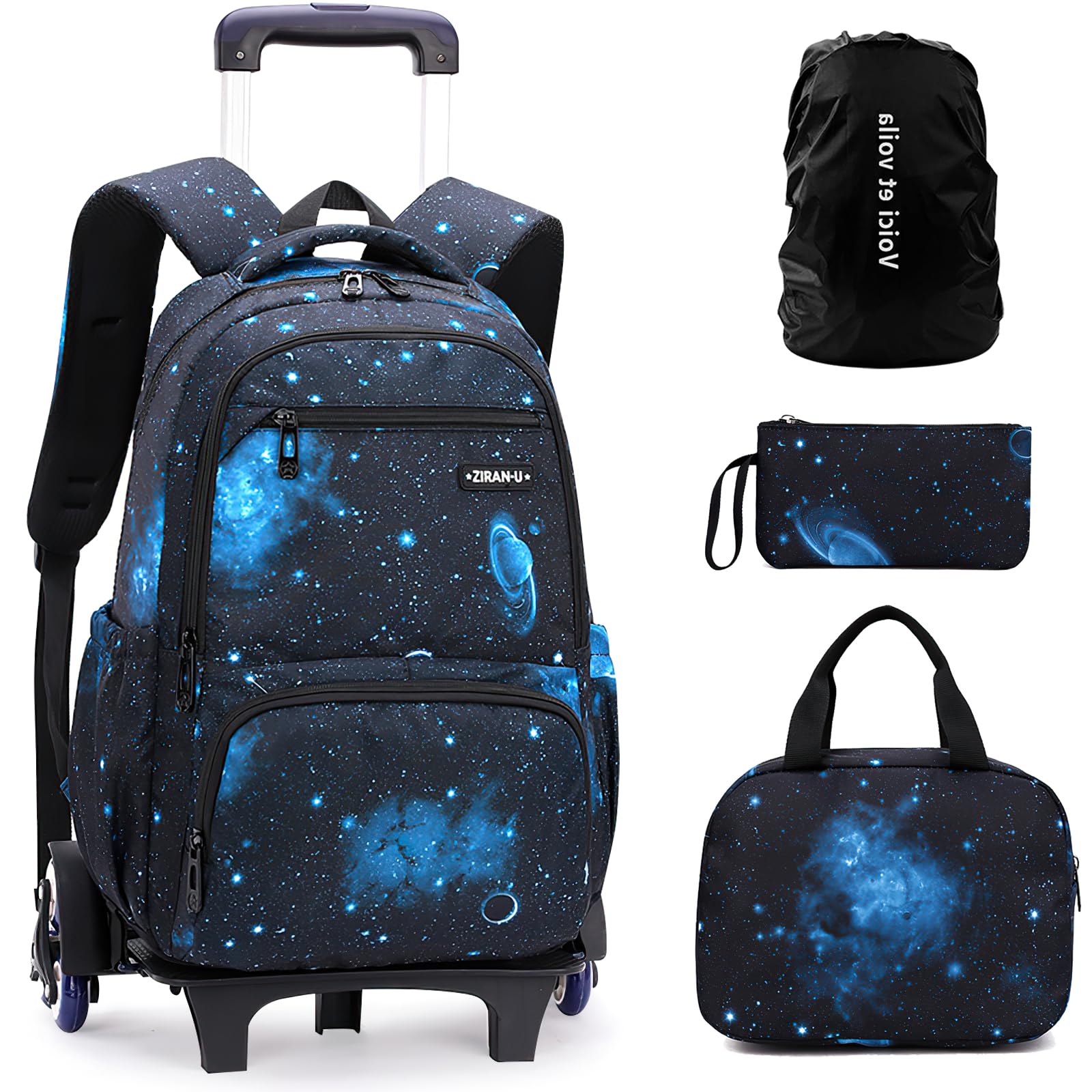 Voici et Voila 4pcs Mochilas Escolares con Ruedas Carro para Mochilas Escolares Niña Niños Grande Bolsas Escolares Trolley Bag Mochila Infantil Cielo Estrellado Galaxy 31x16x45cm