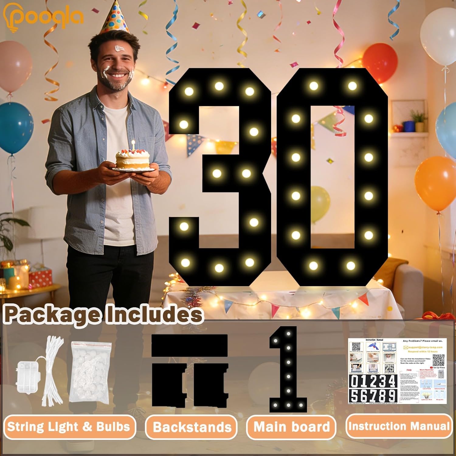 Pooqla 2.4FT Light Up Numbers for 40th Birthday Gifts for Women Men, Marquee Numbers 2.4 Feet Tall Party Decor for Her Him, Mosaic Big Sign for 4th 40th Birthday Decoration Backdrop, Black Number 40
