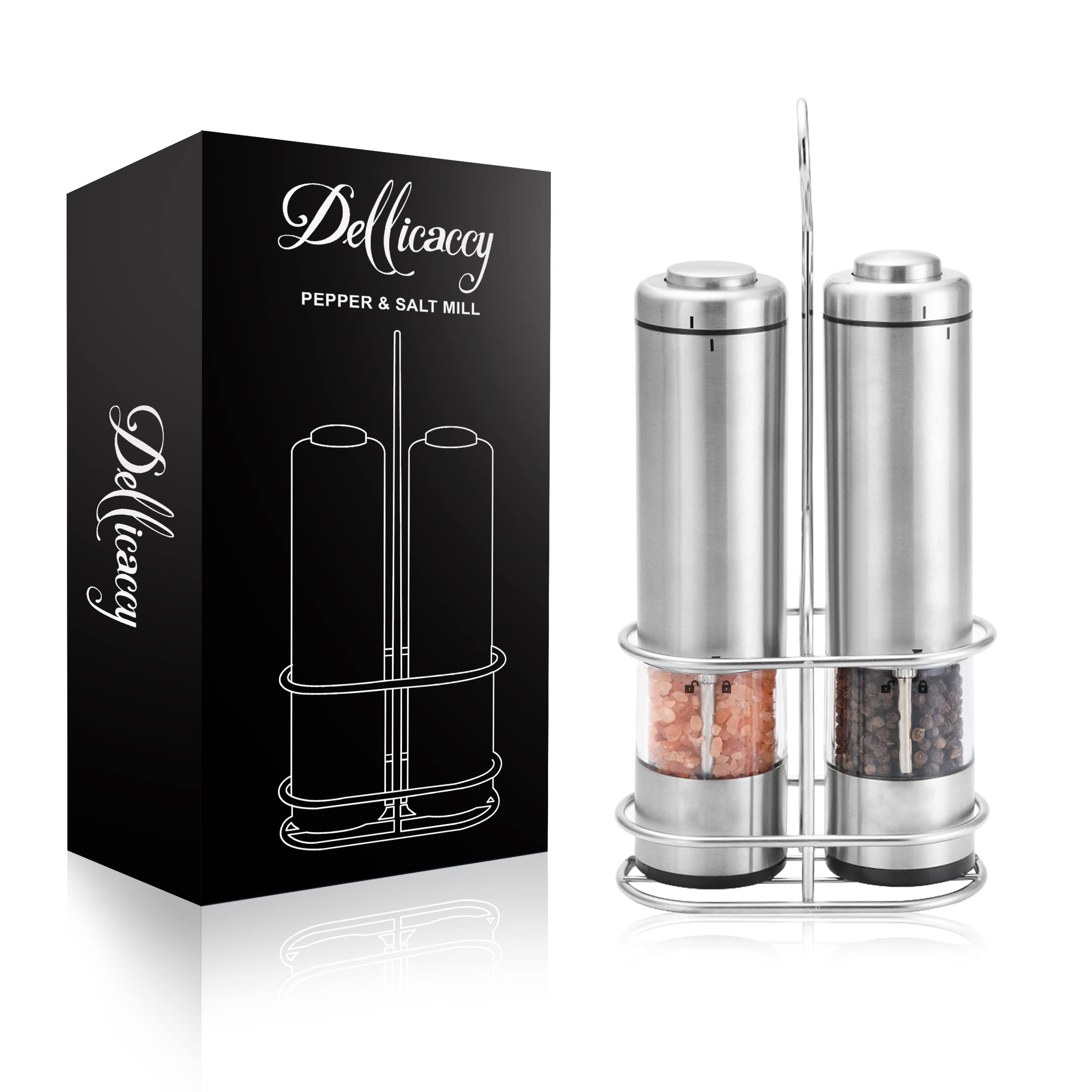 Battery Operated Stainless Steel Grinder with LED Light-Ceramic Grinders and One Handed Operation Powered Mills(Silver 2X)